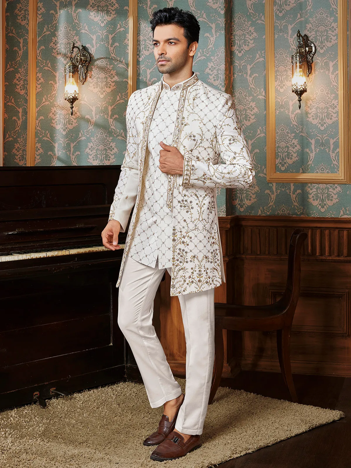 Ivory terry rayon Indowestern with colorful thread...