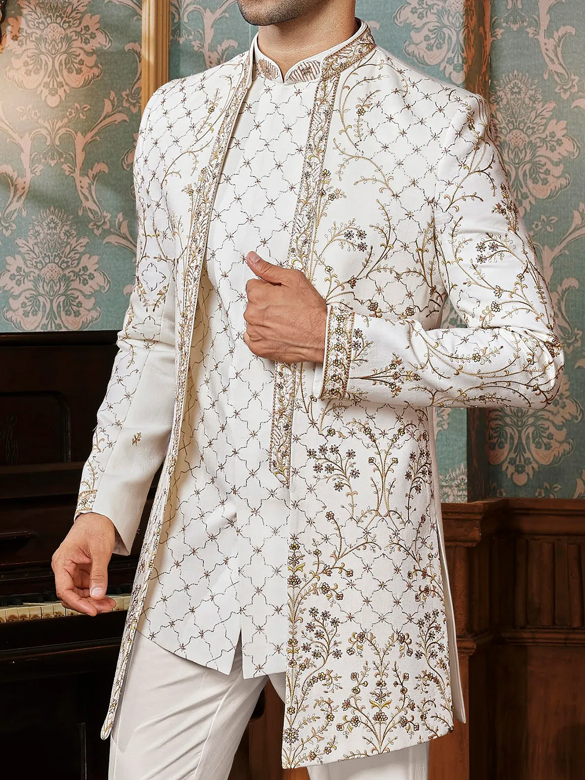 Ivory terry rayon Indowestern with colorful thread...