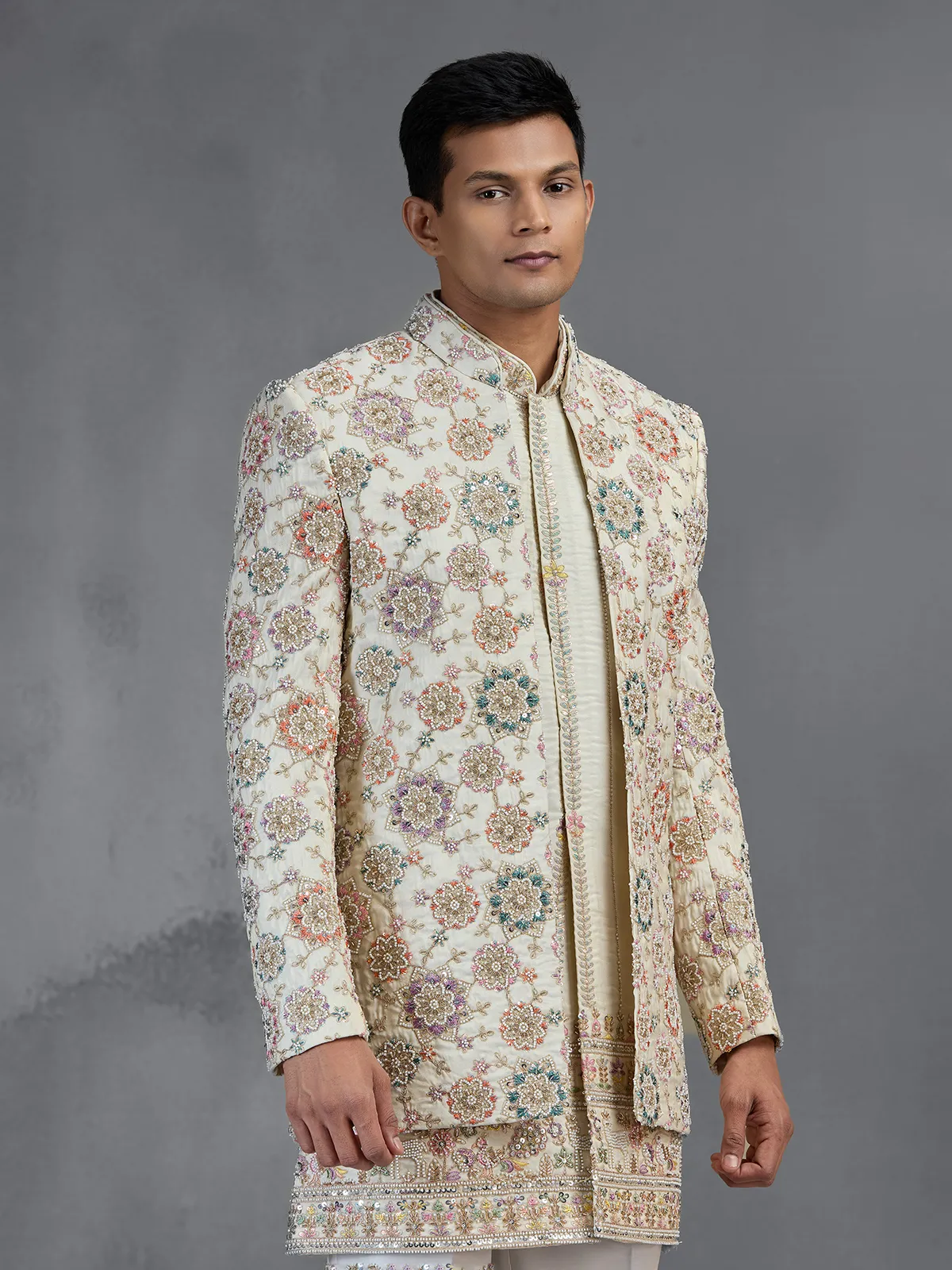 Ivory tussar silk open front indo western with embroidery
