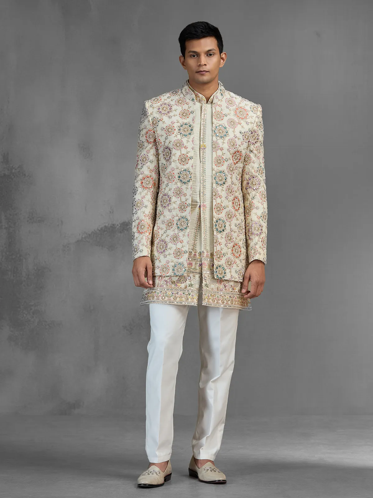 Ivory tussar silk open front indo western with embroidery