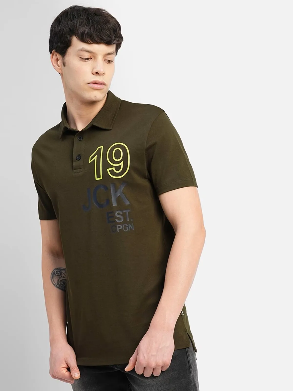 JACK&JONES cotton olive printed polo t shirt