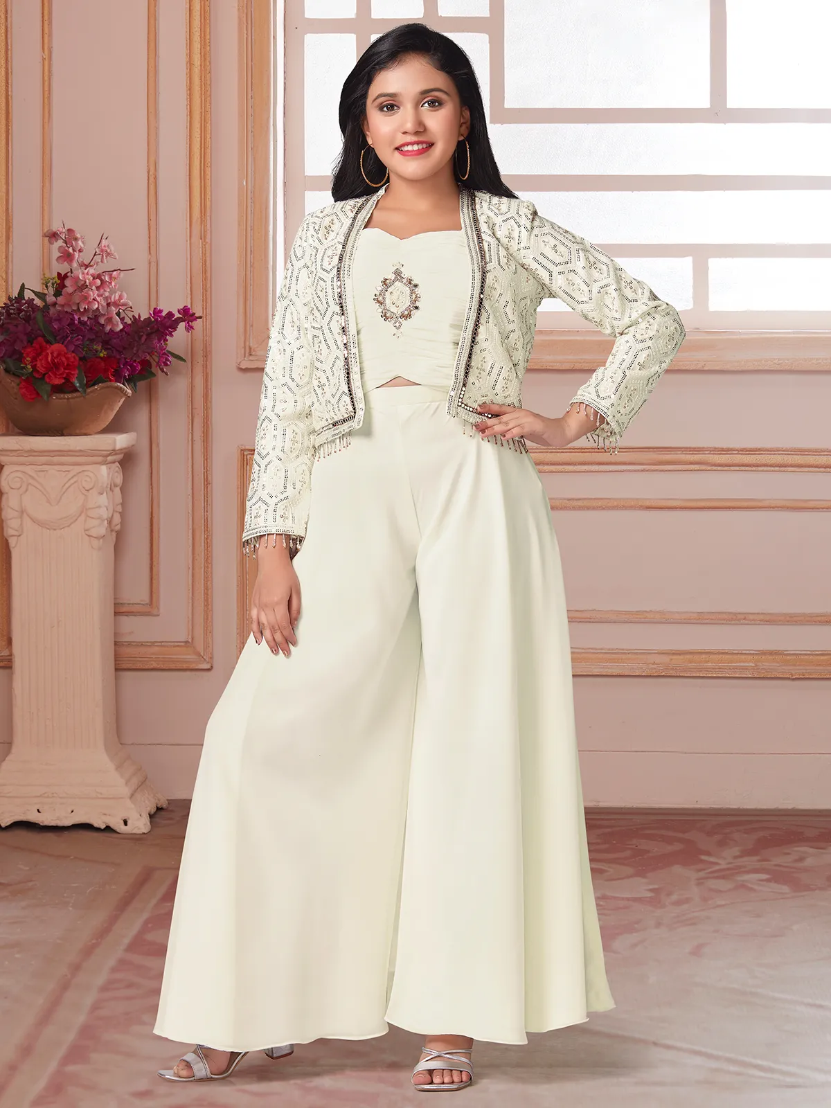 Jacket style cream georgette palazzo set