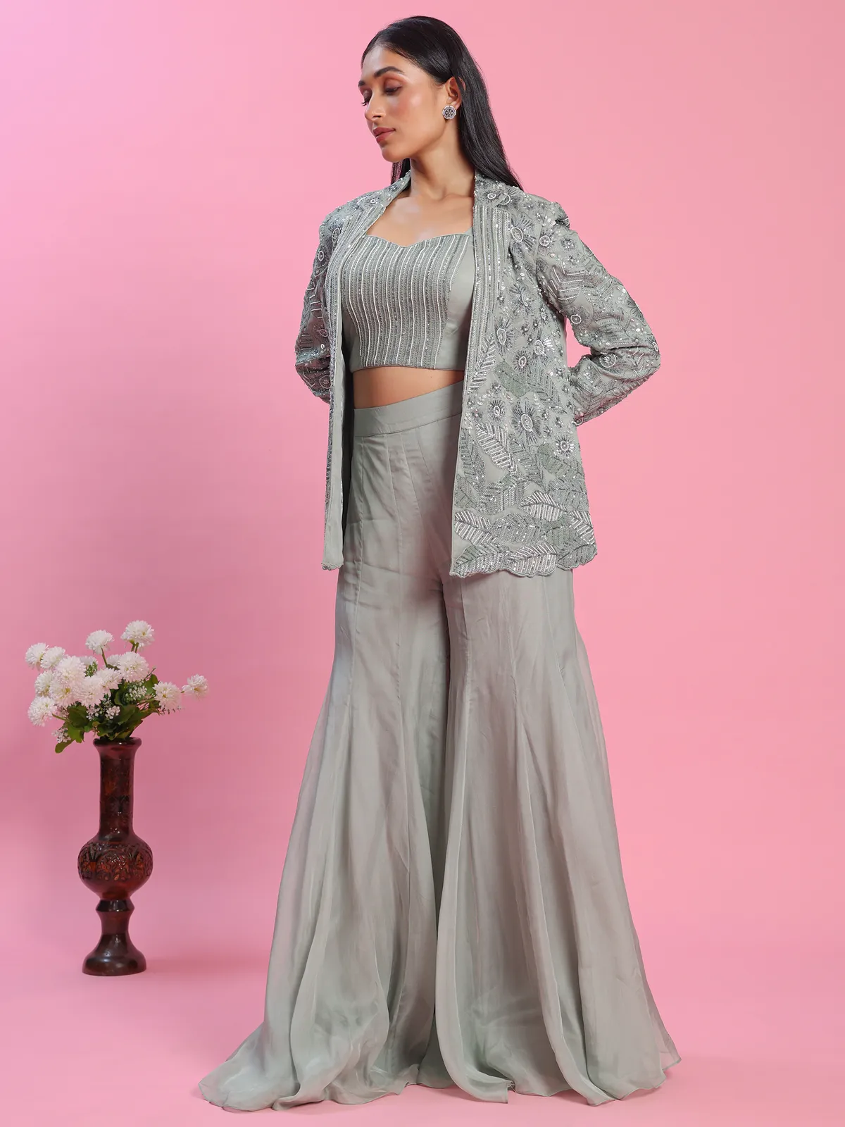 Jacket style grey georgette sharara suit