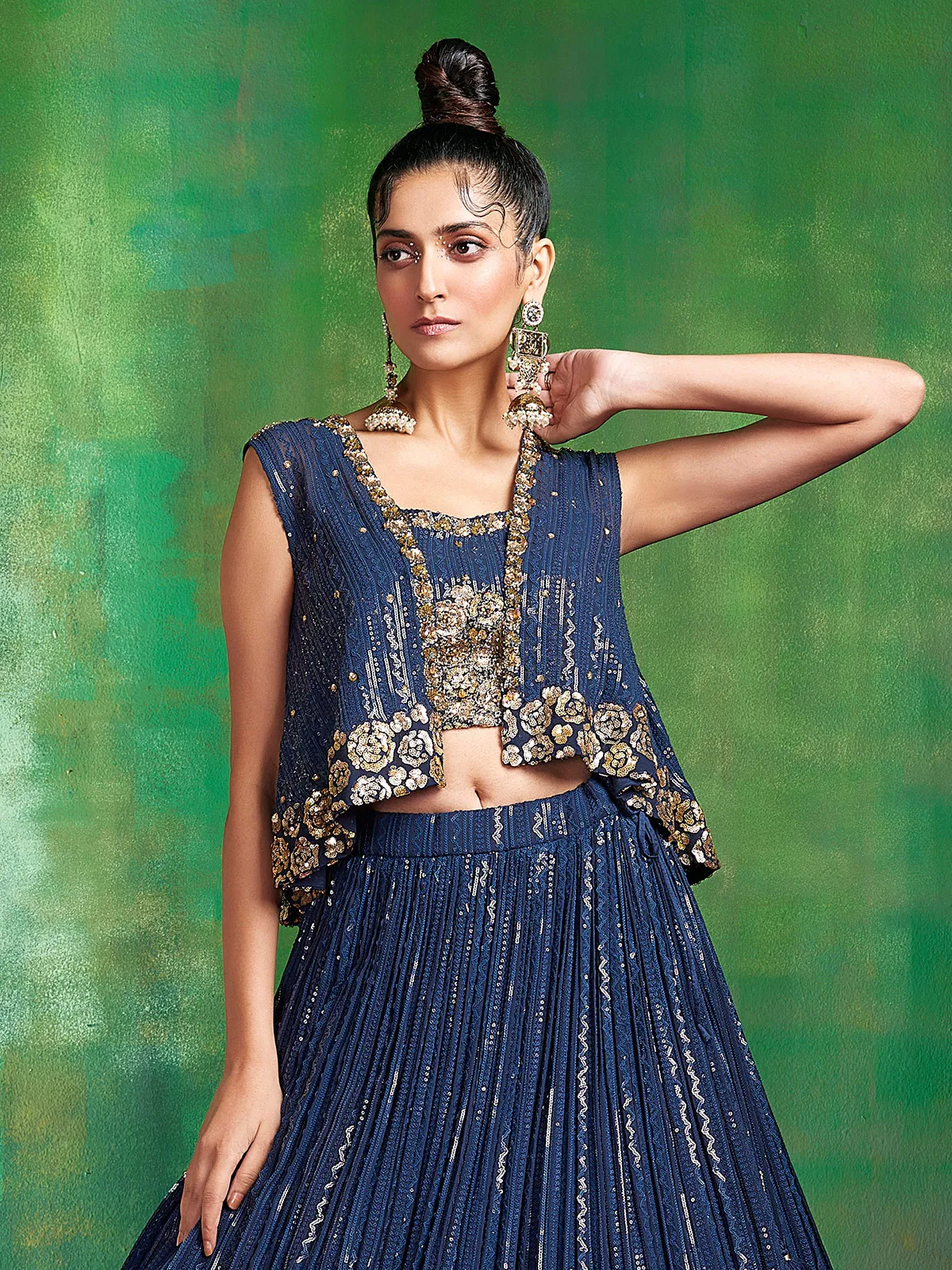 Jacket style navy georgette lehenga choli