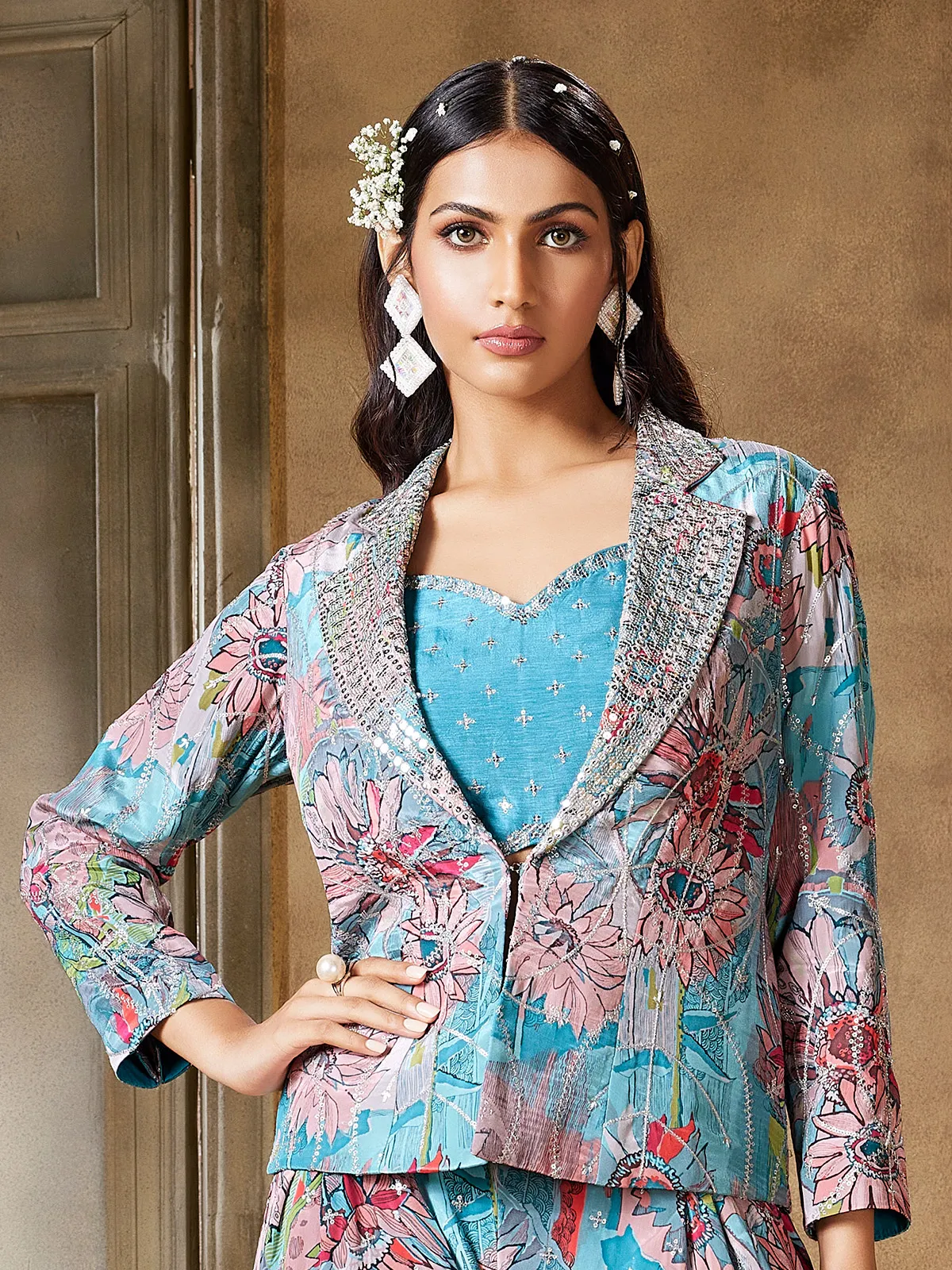 Jacket style printed sky blue palazzo suit