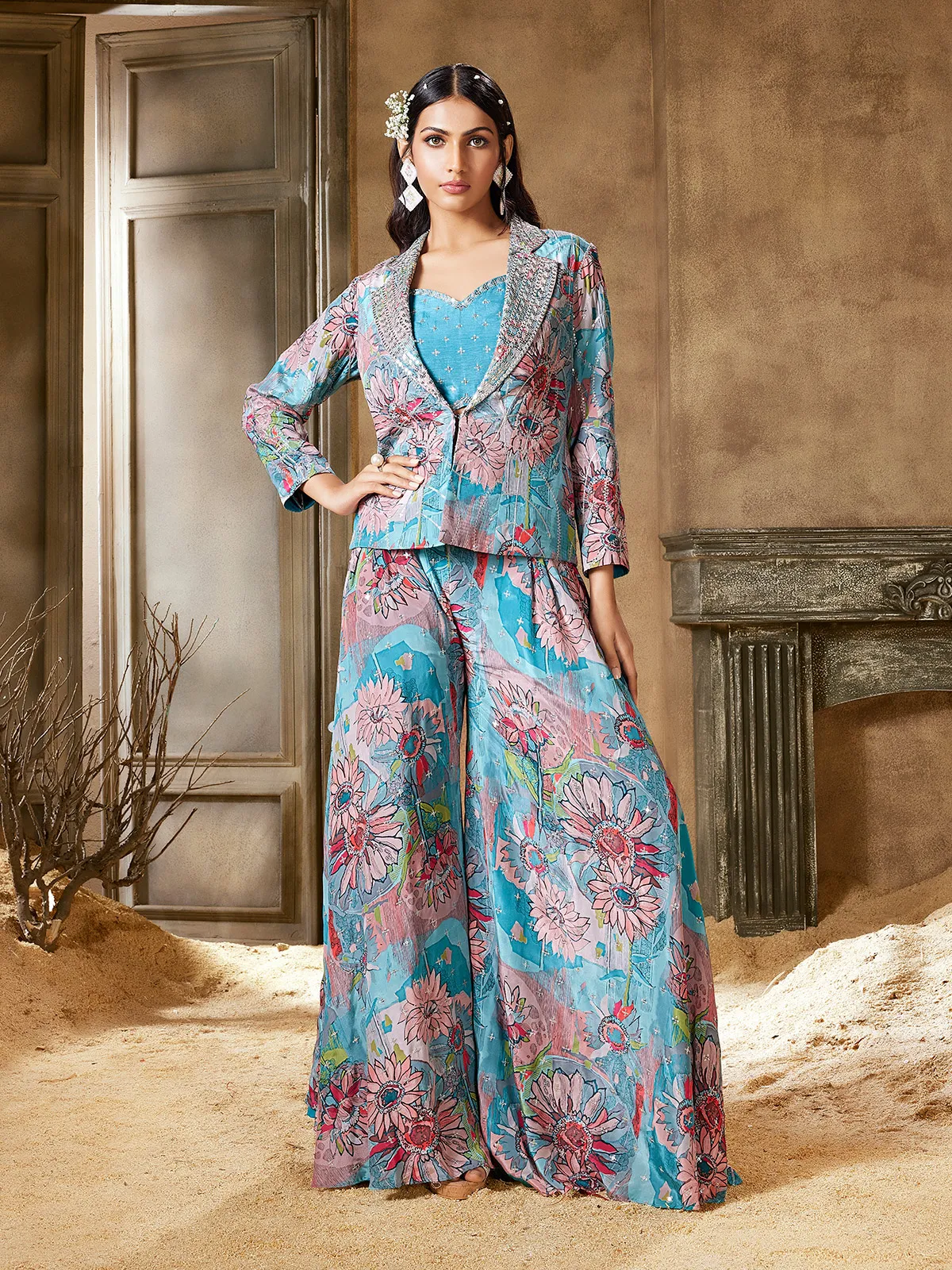 Jacket style printed sky blue palazzo suit