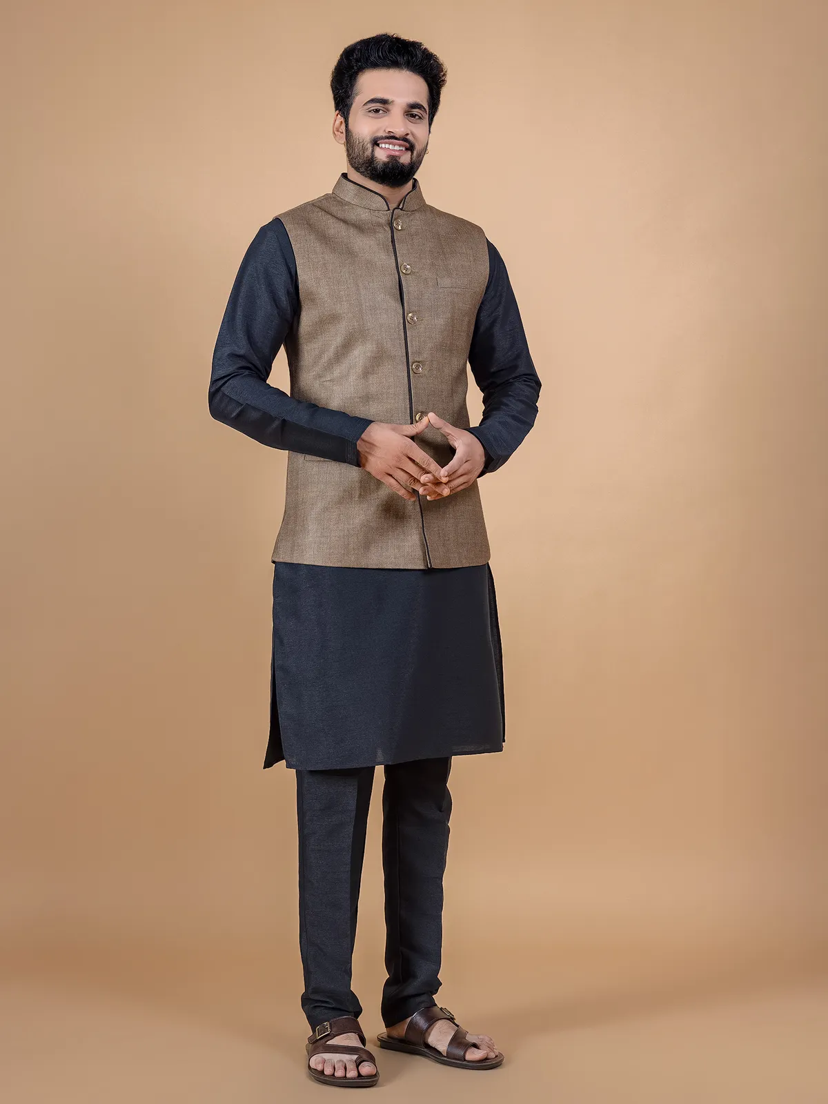 Jute silk brown waistcoat set