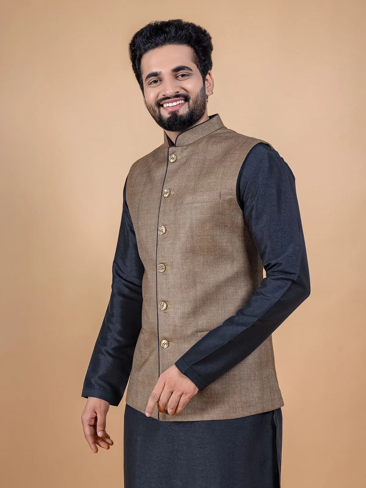 Jute silk brown waistcoat set