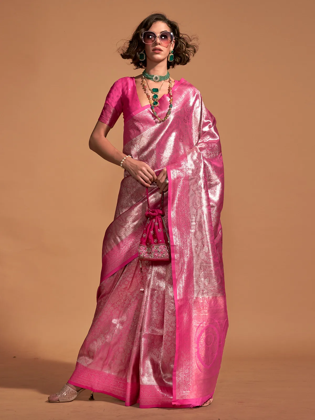Kanjivaram silk Onion pink saree for wedding