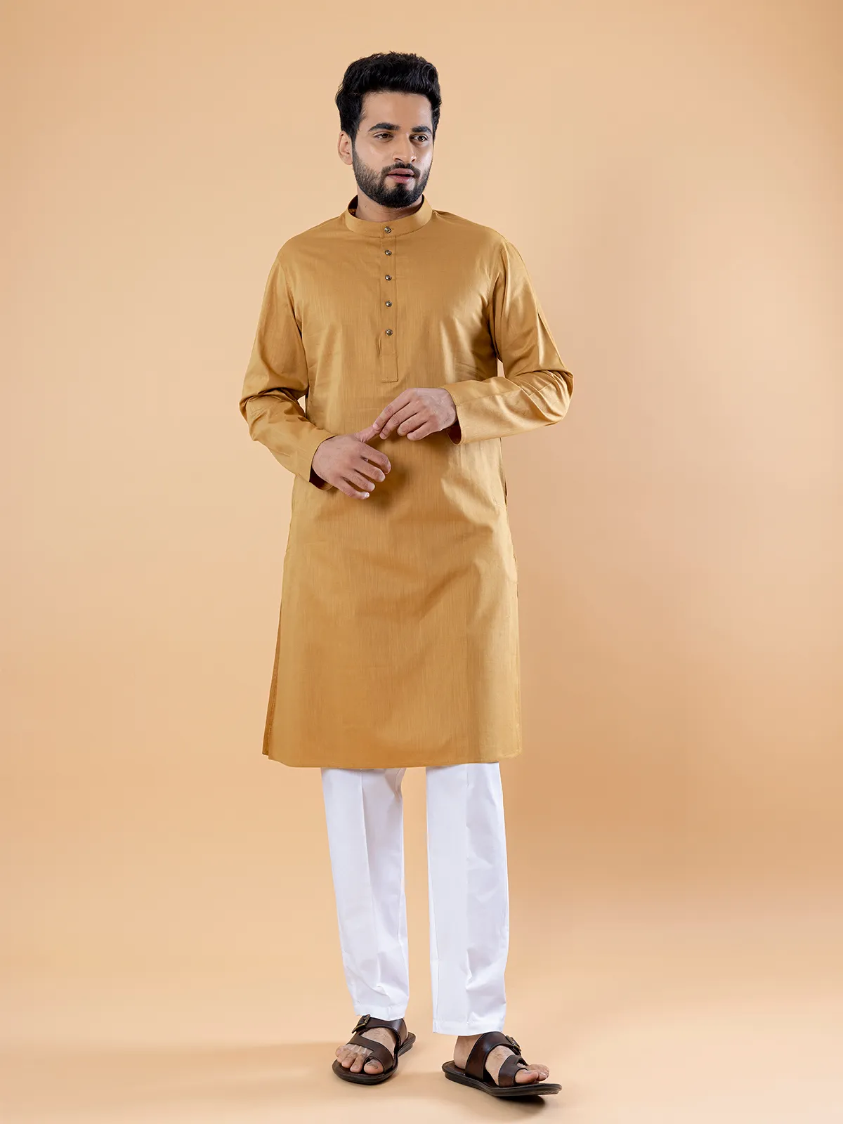 Khaki plain cotton  Men Kurta pajama