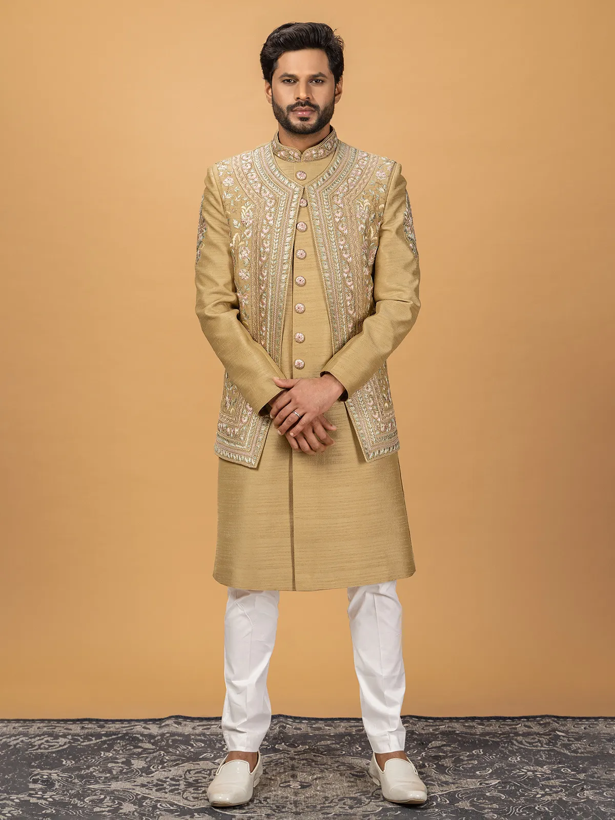 Khaki silk indowestern for men