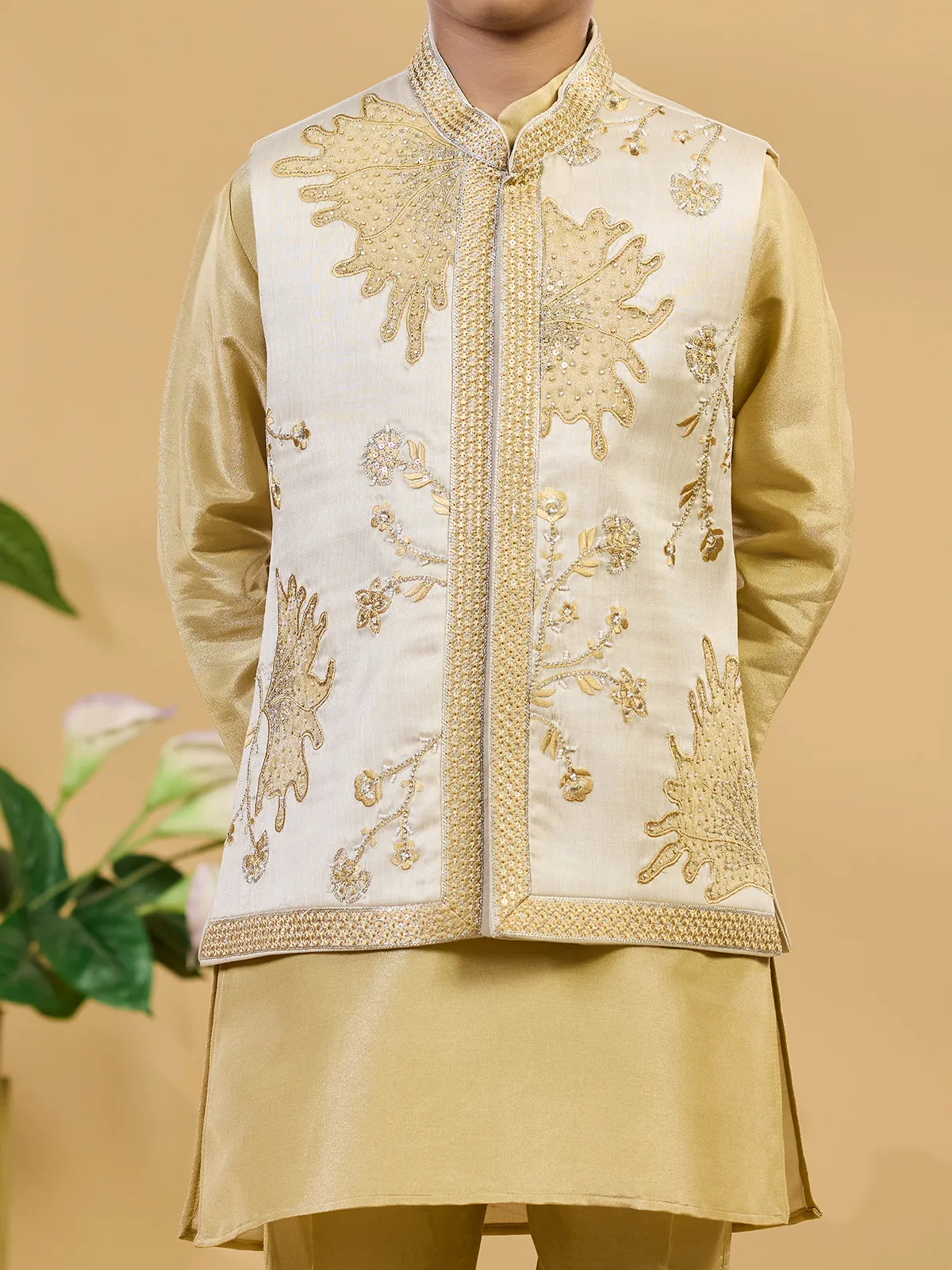 Khaki silk waistcoat set with rich embroidered accents