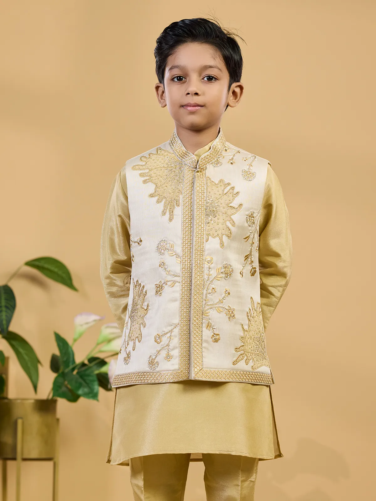 Khaki silk waistcoat set with rich embroidered accents