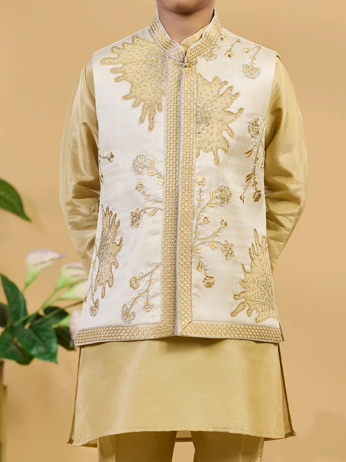 Khaki silk waistcoat set with rich embroidered accents