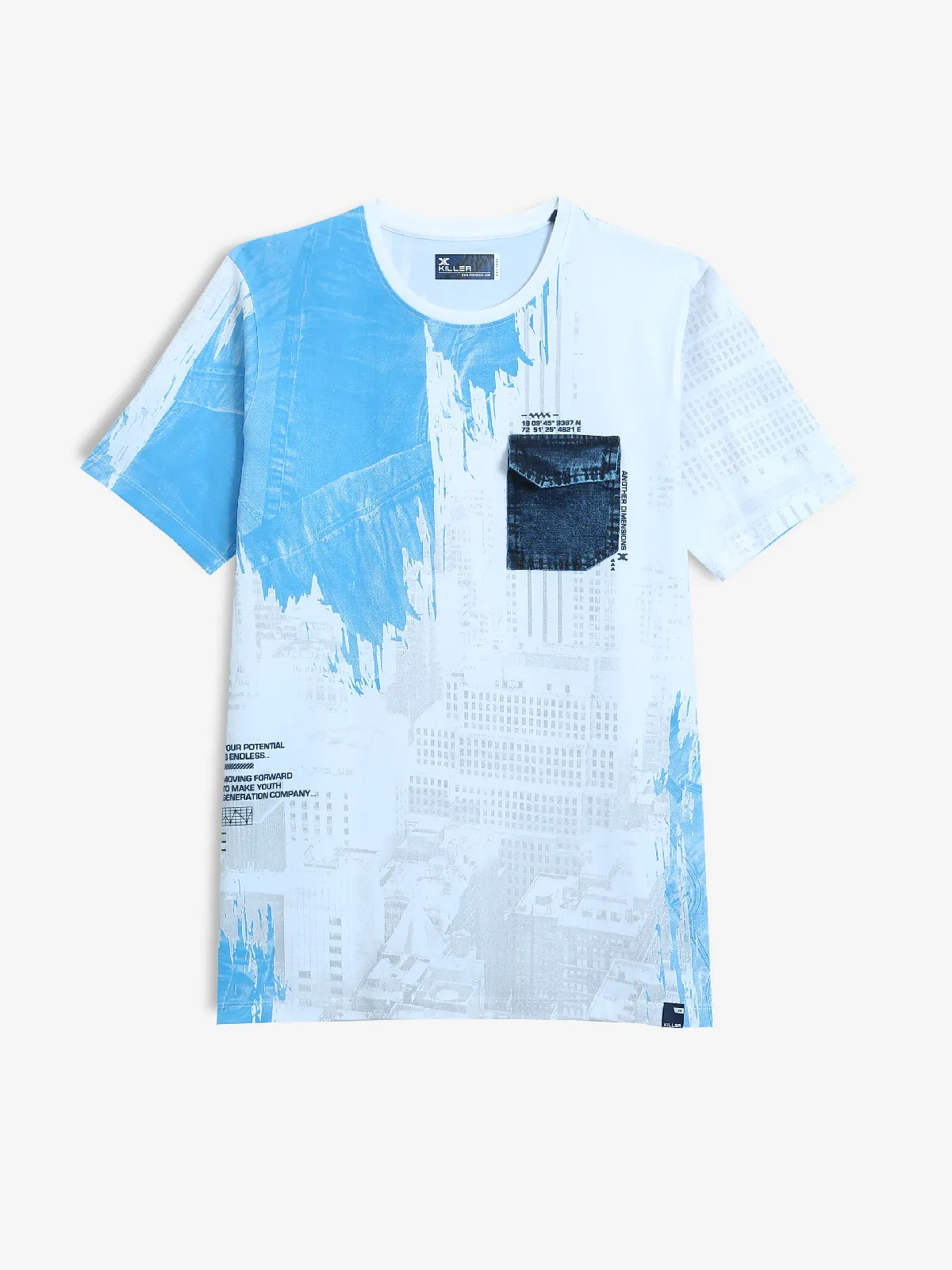 KILLER blue and white cotton printed t-shirt