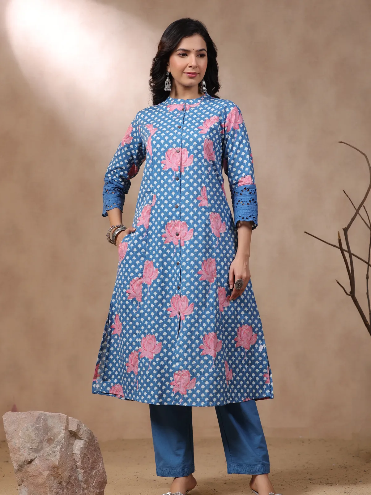 Lateset blue cotton floral printed kurti