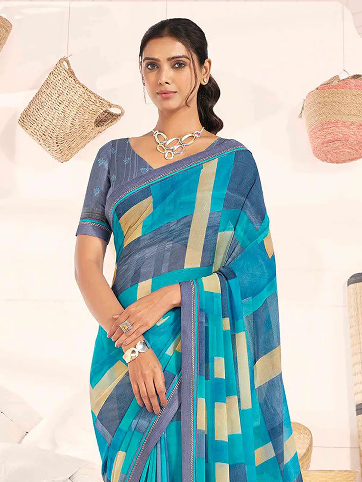 Latest aqua georgette printed saree