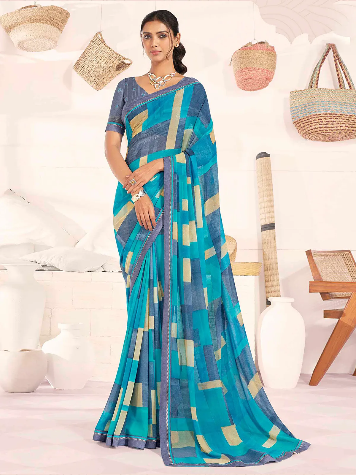 Latest aqua georgette printed saree