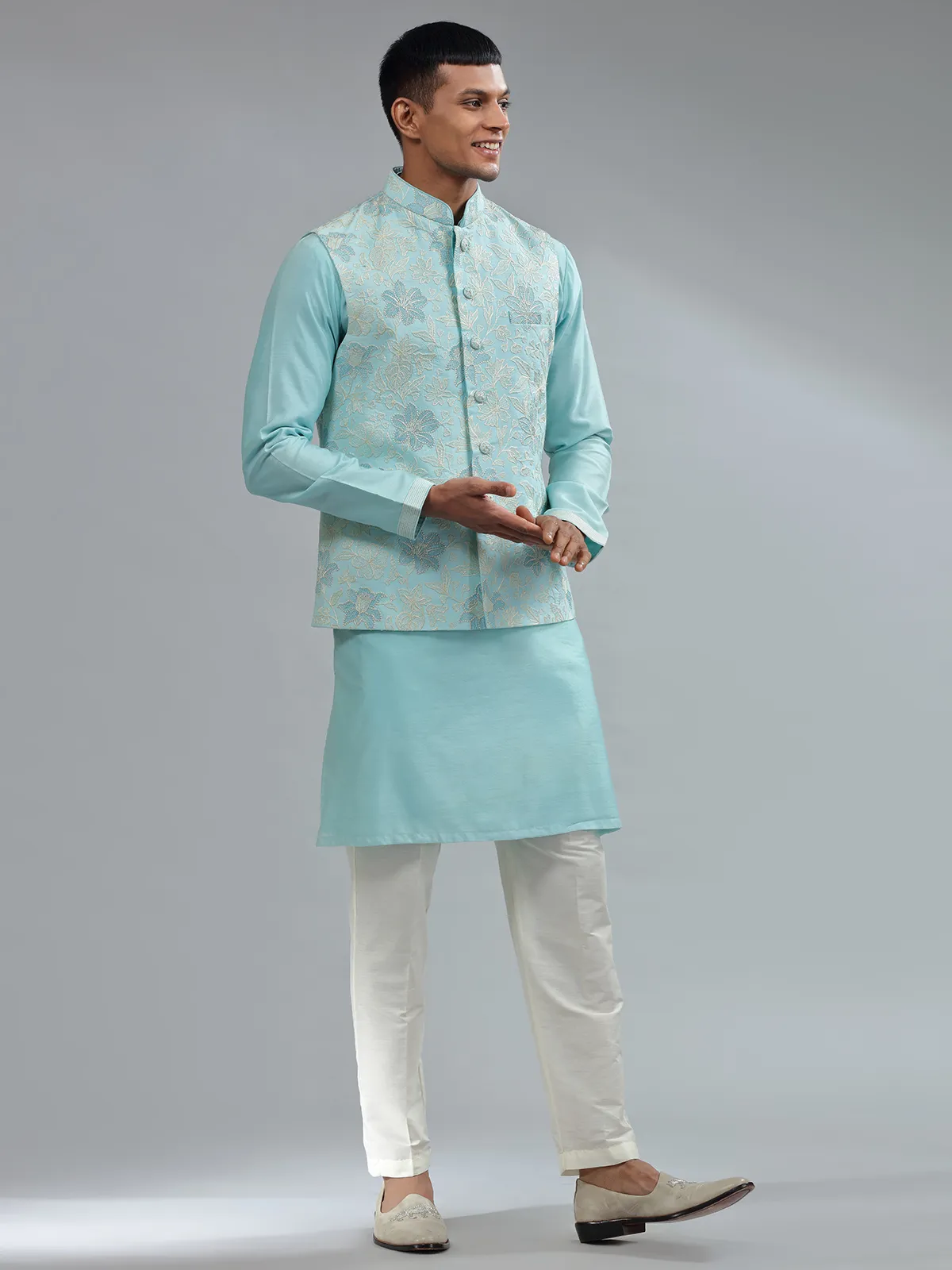 Latest Aqua silk waistcoat set