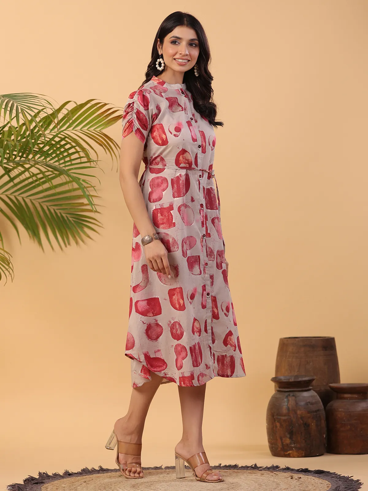 Latest beige and red printed cotton kurti