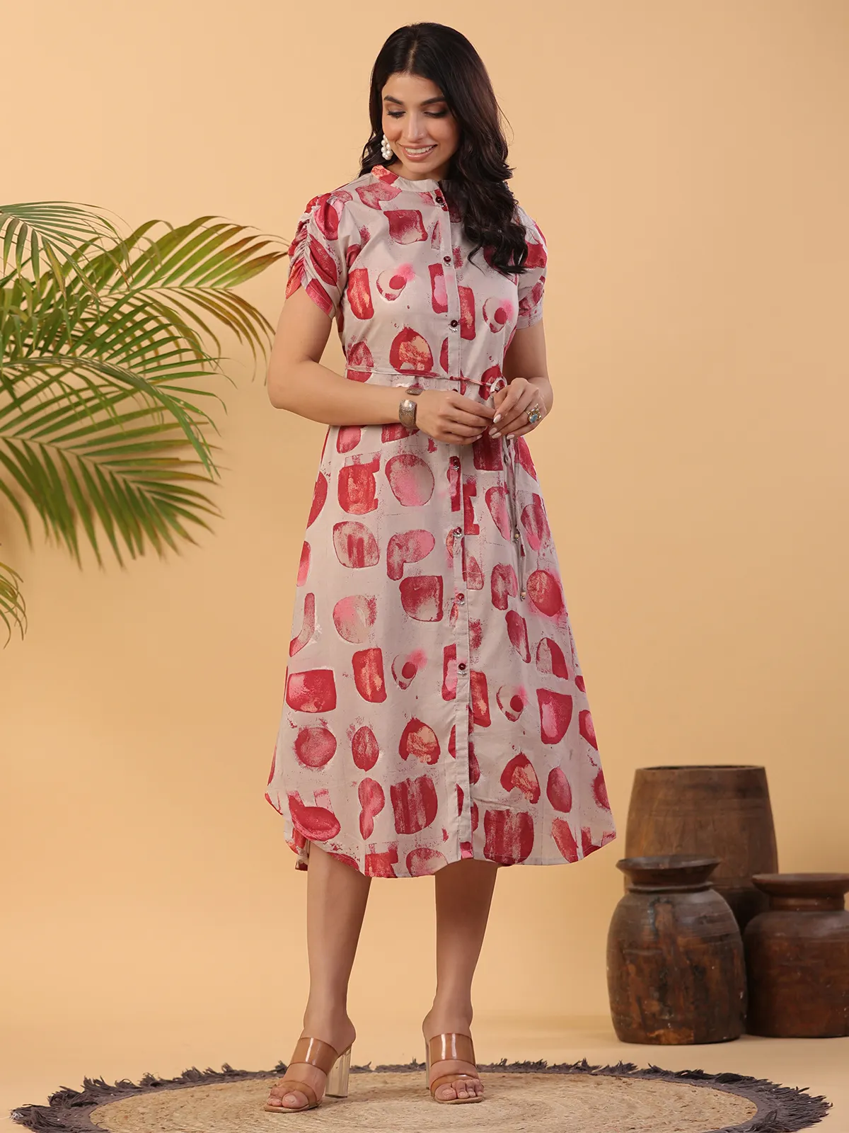 Latest beige and red printed cotton kurti