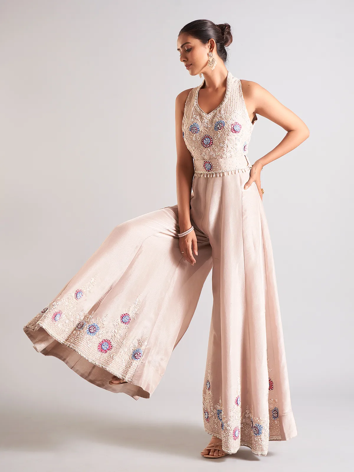 Latest beige silk jump suit-G3-WSS42138