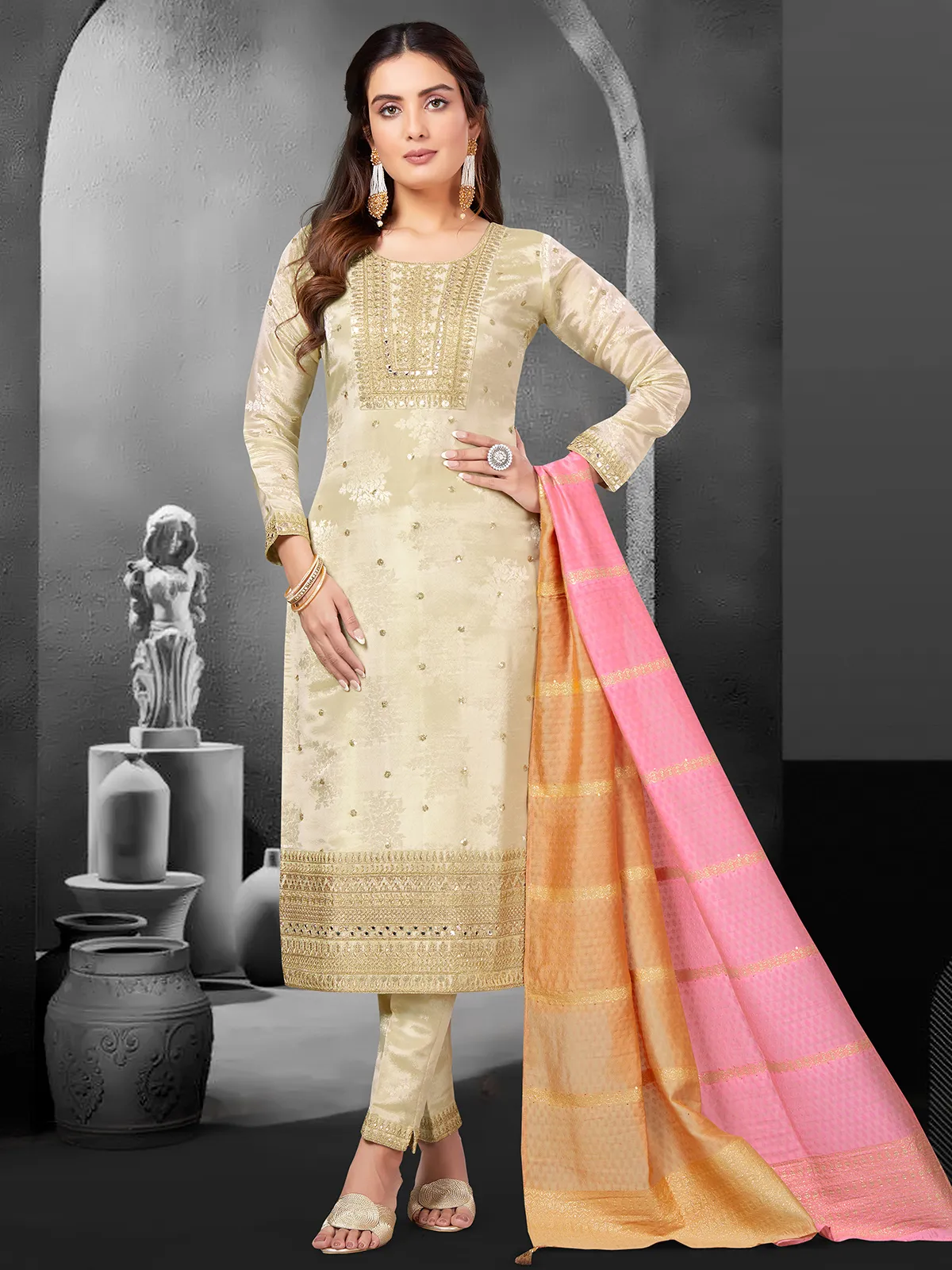 Latest beige silk salwar suit with dupatta