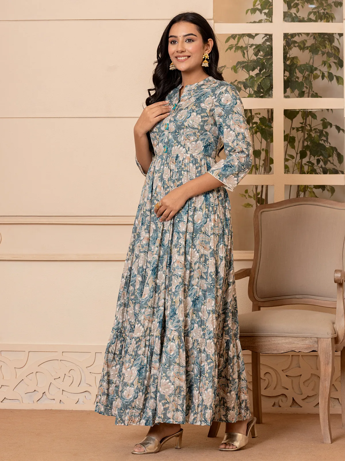 Latest blue cotton printed long kurti