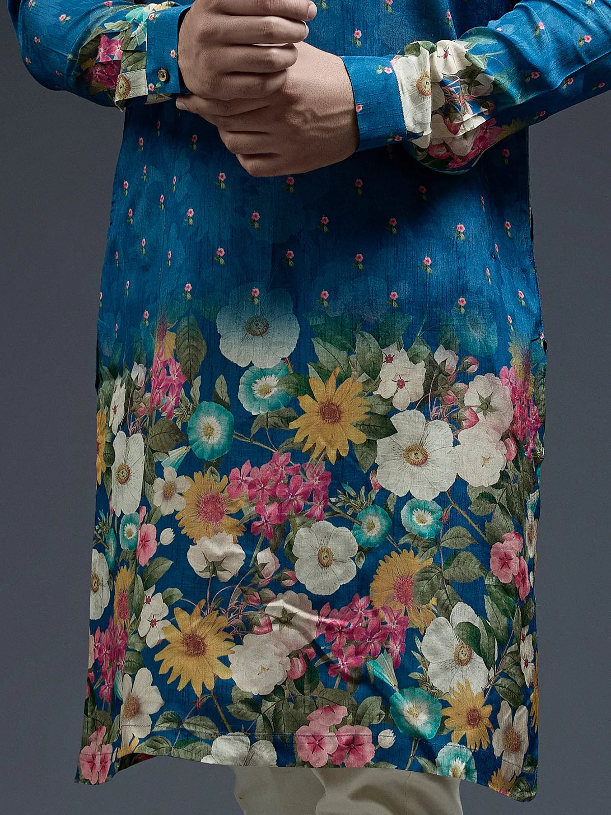 Latest blue flower floral printed kurta suit in silk