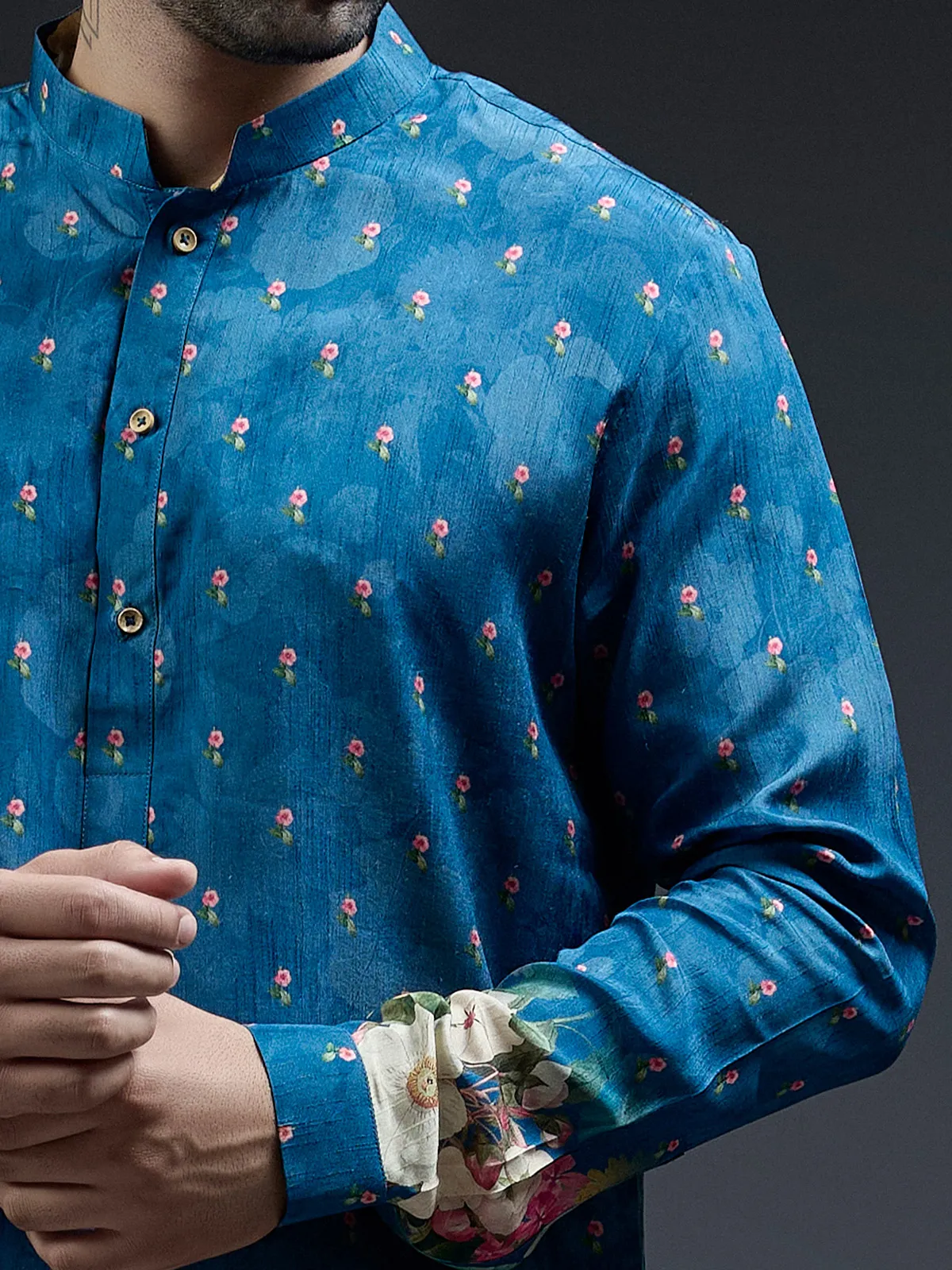 Latest blue flower floral printed kurta suit in silk