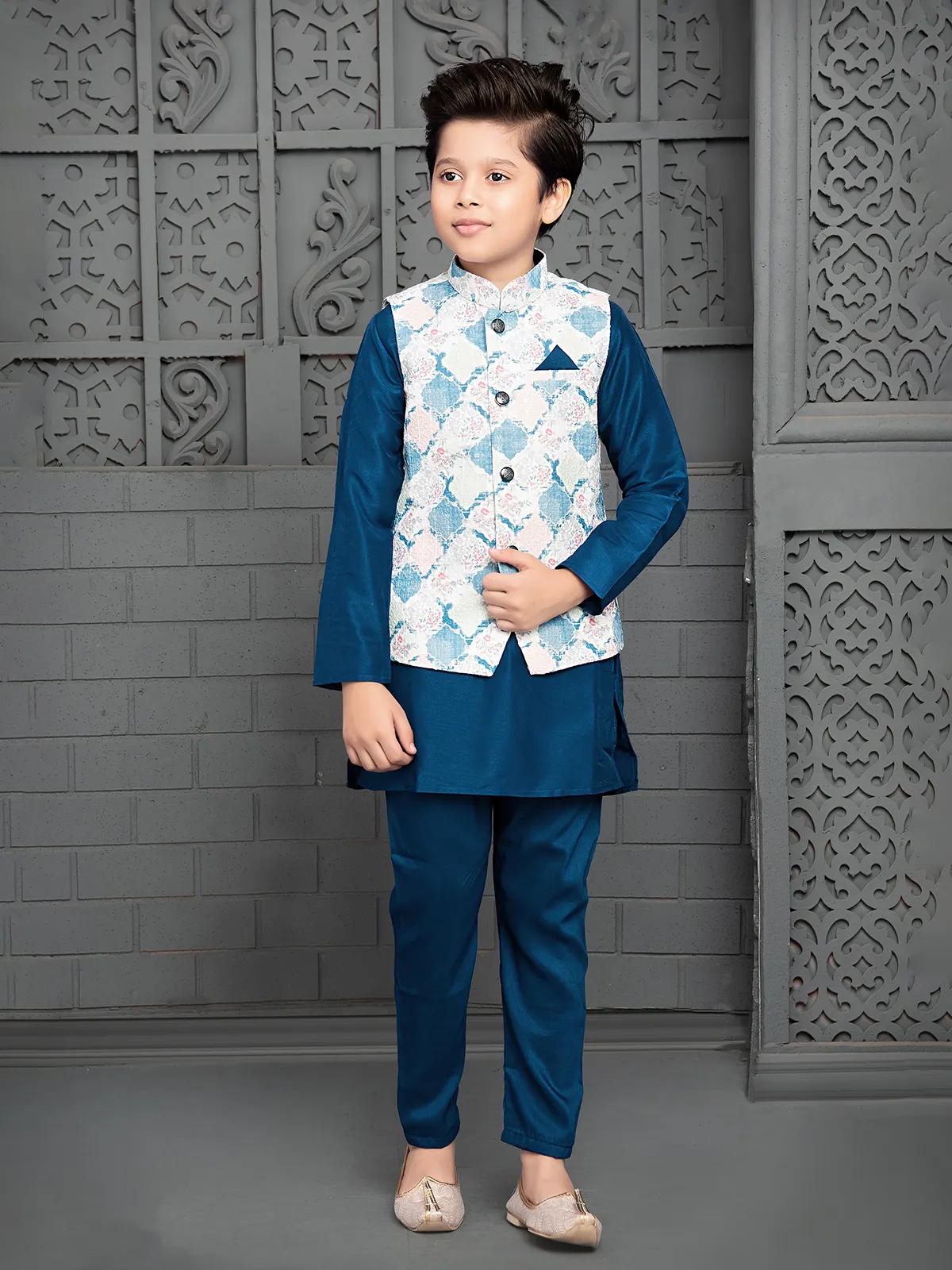 Latest blue silk waistcoat set