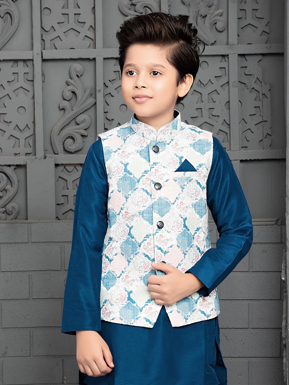 Latest blue silk waistcoat set