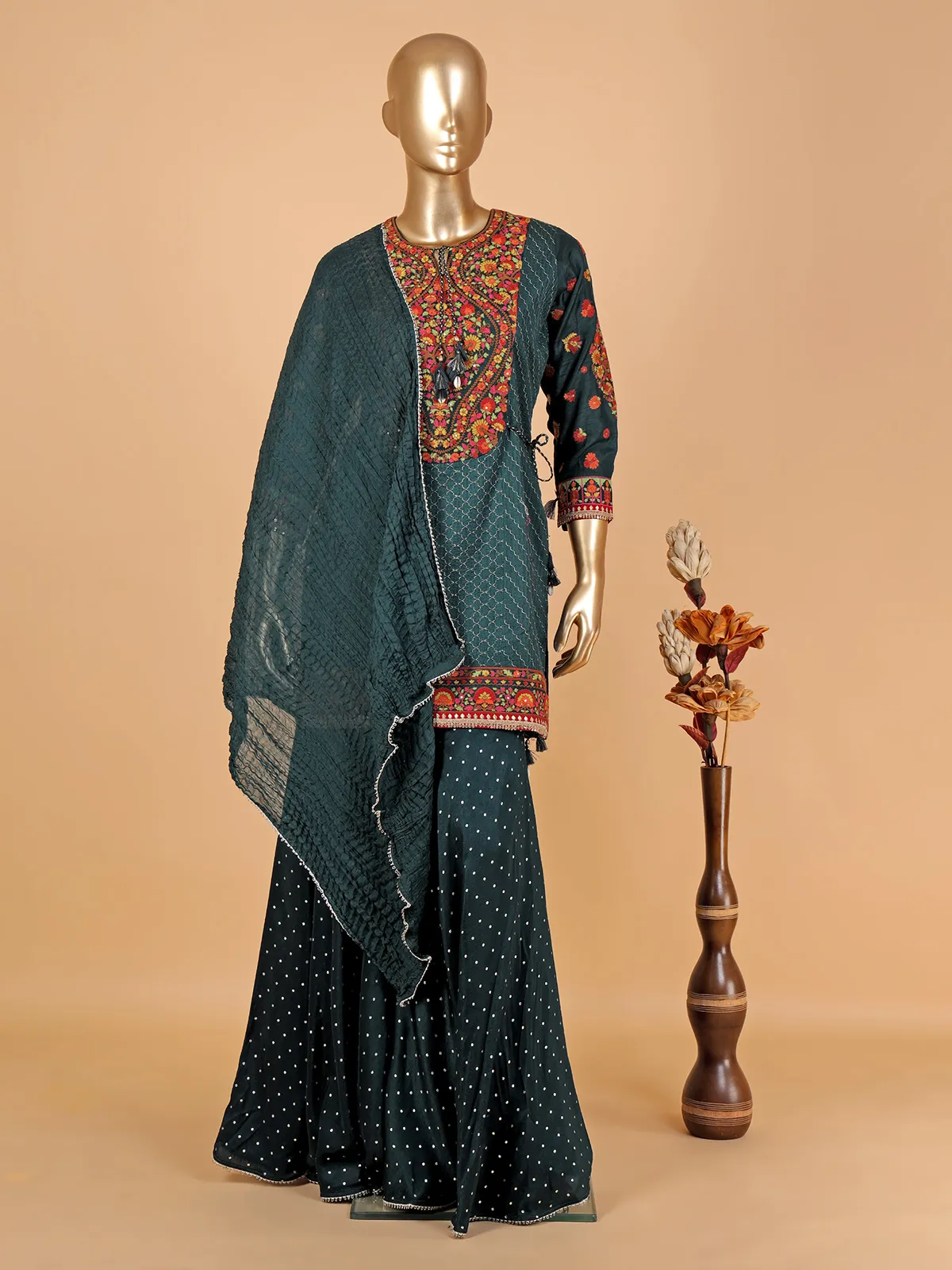 Latest bottle green silk printed sharara suit