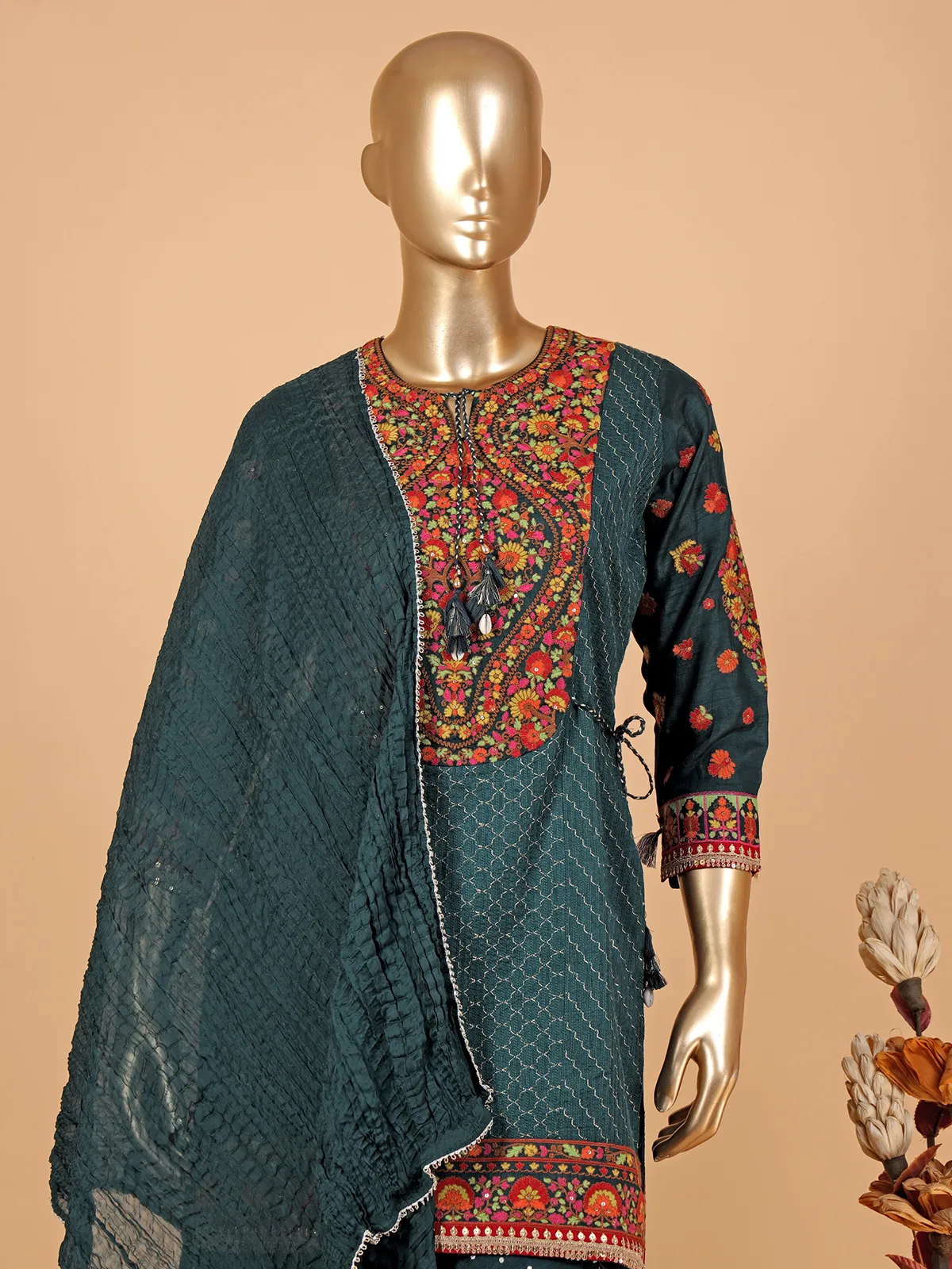 Latest bottle green silk printed sharara suit