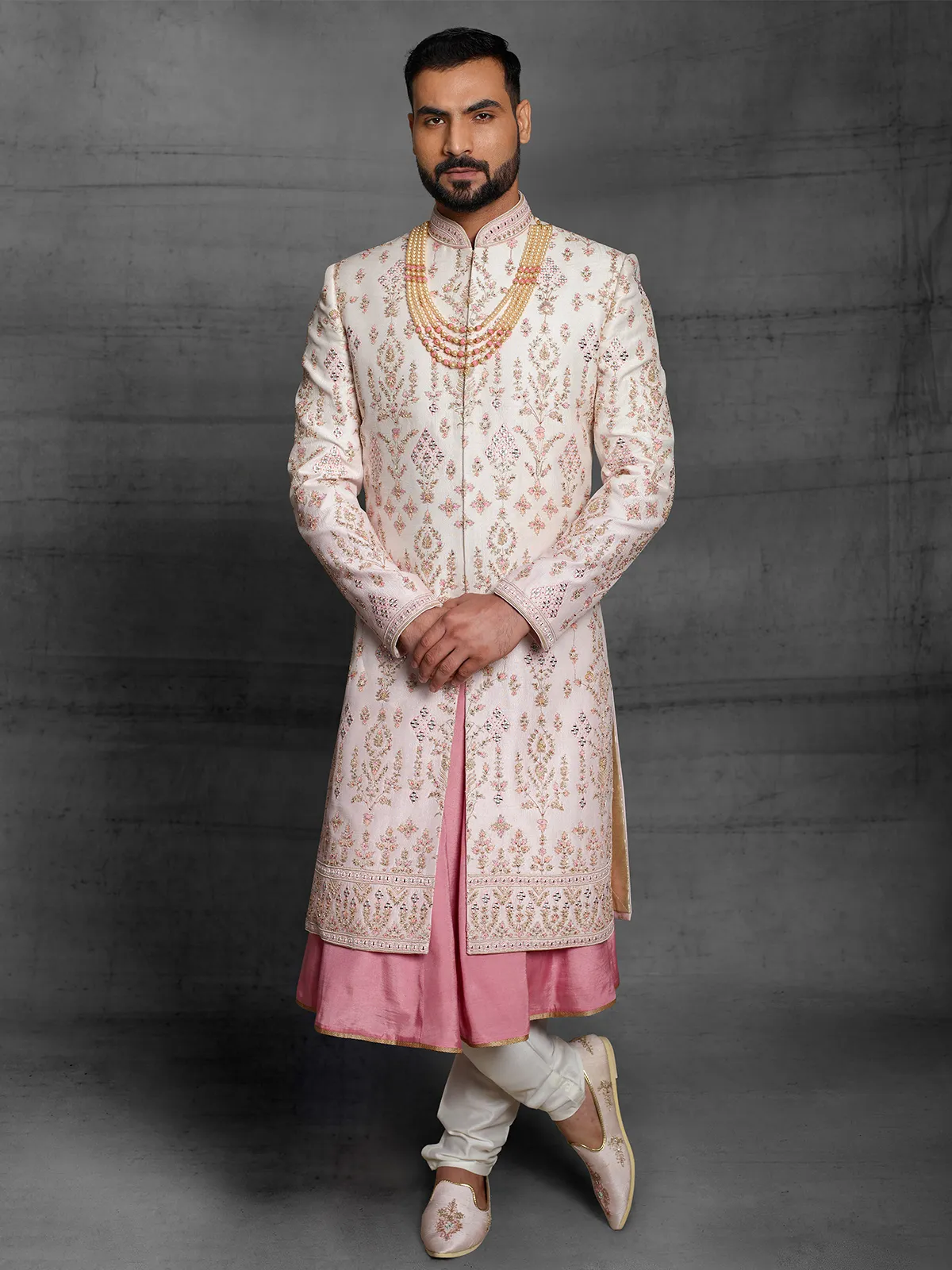Latest cream color sherwani in silk fabric for mens