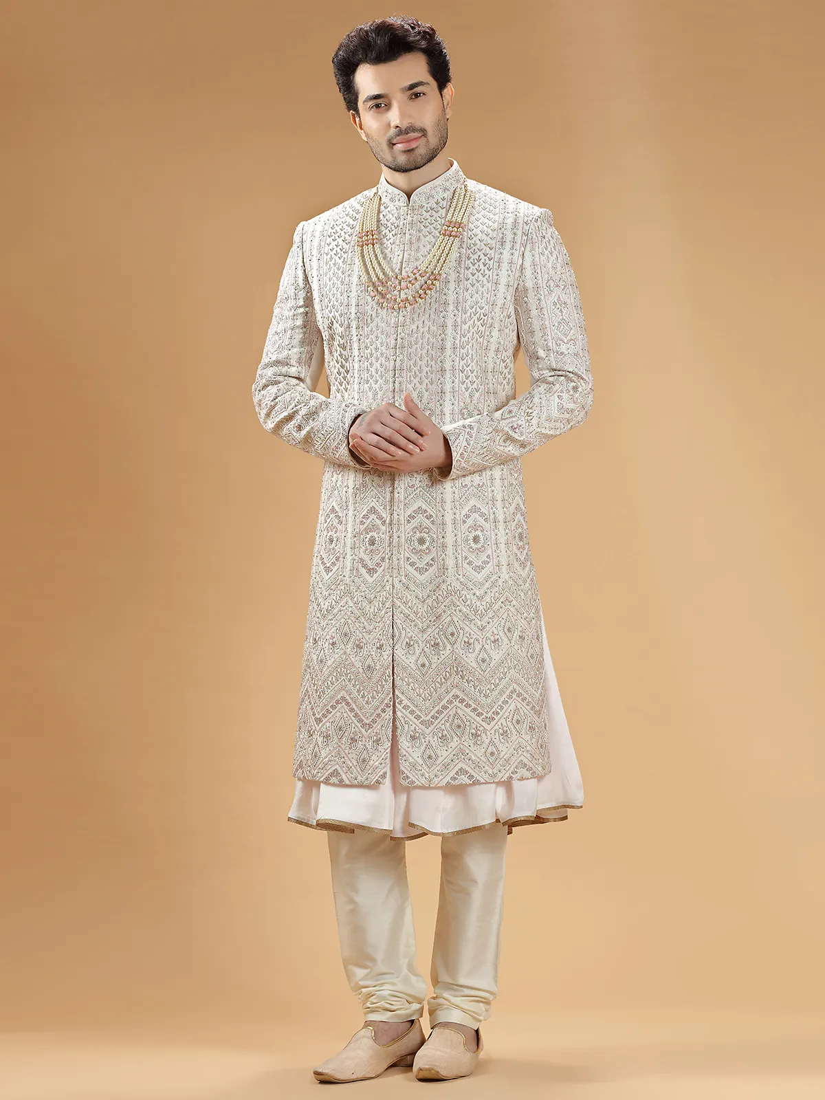 Latest cream raw silk sherwani