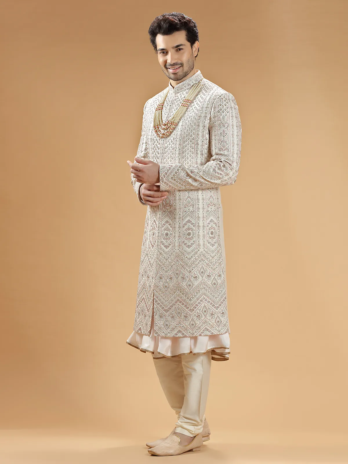 Latest cream raw silk sherwani