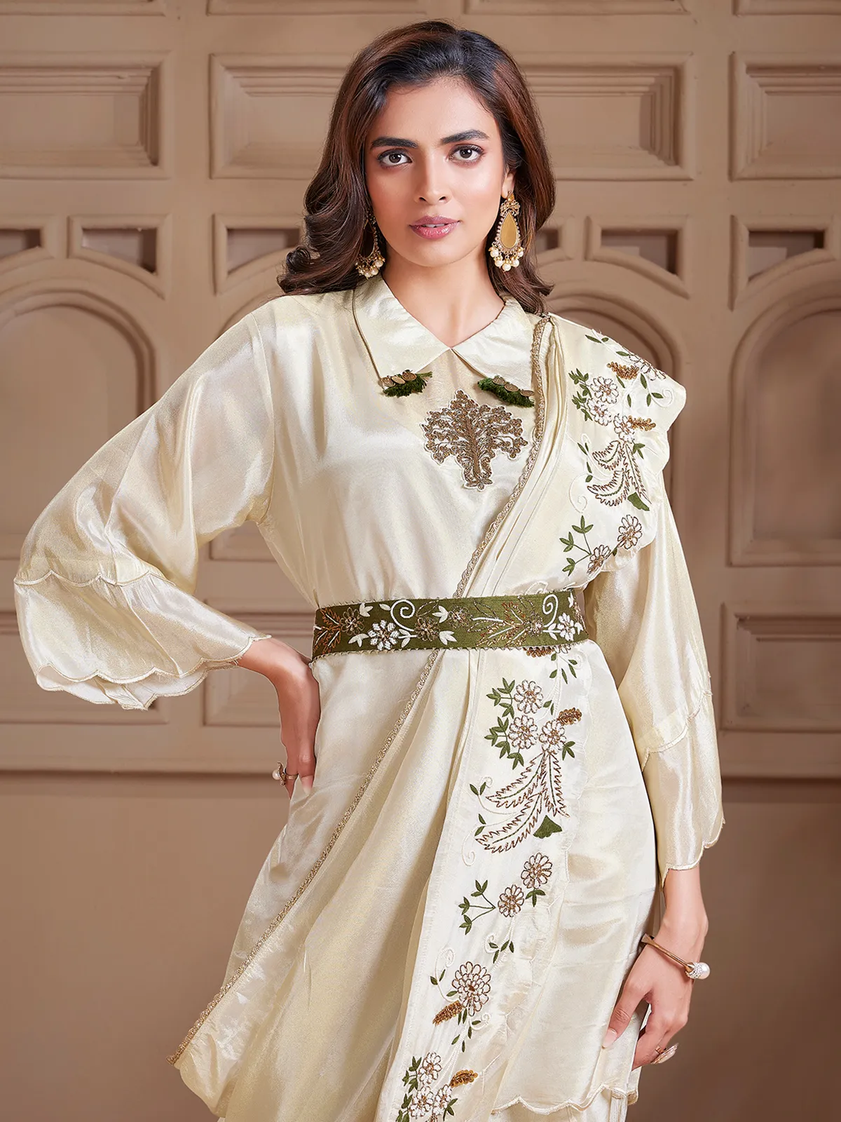 satin indo western dress Coral Indo Western Dress: Chinon Silk Embroidered Top & Plazzo