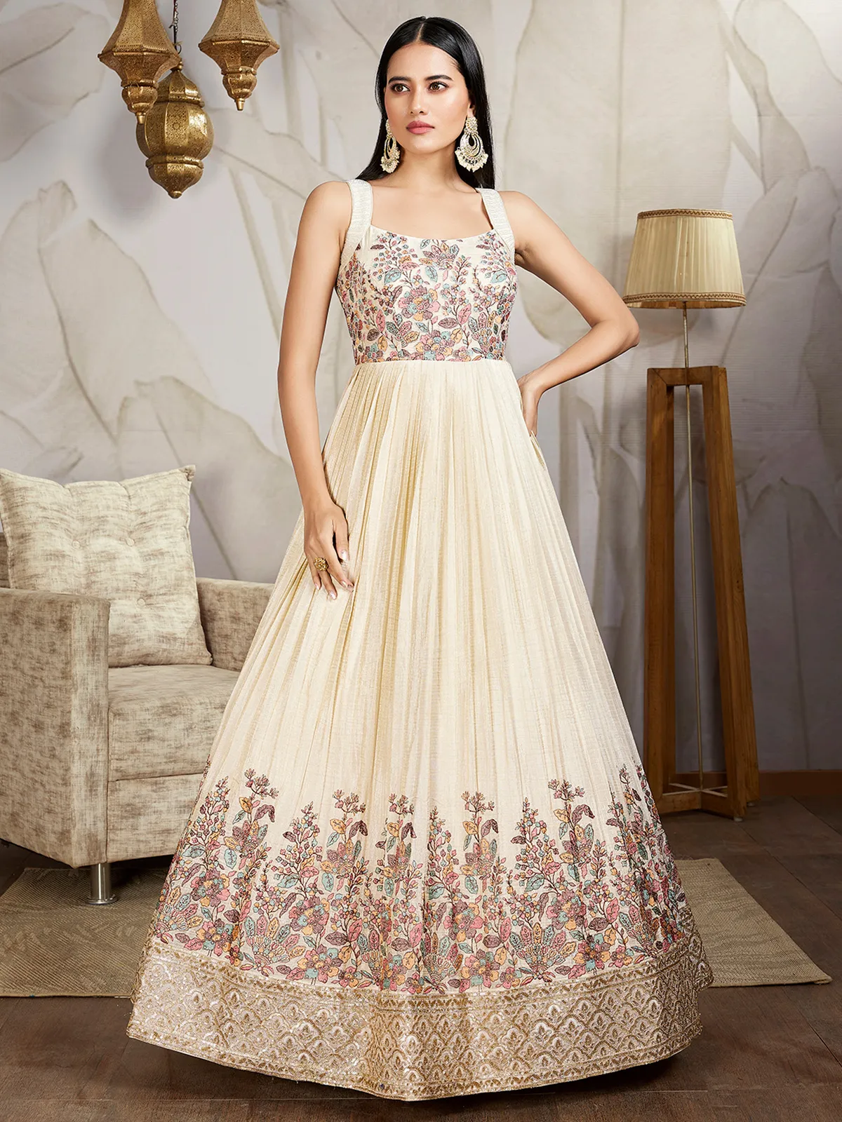Latest  cream silk anarkali suit for wedding