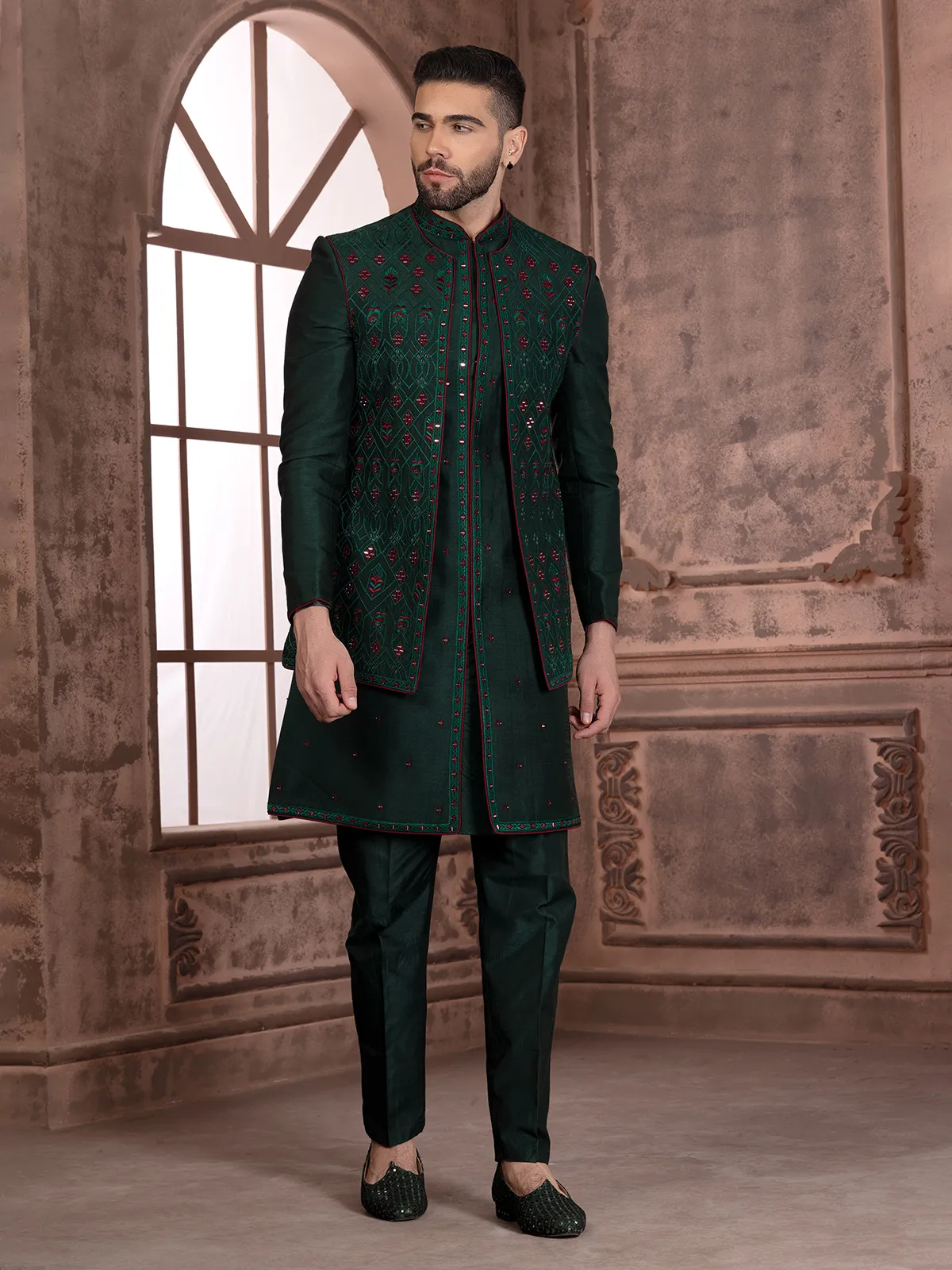 Latest dark green silk indowestern