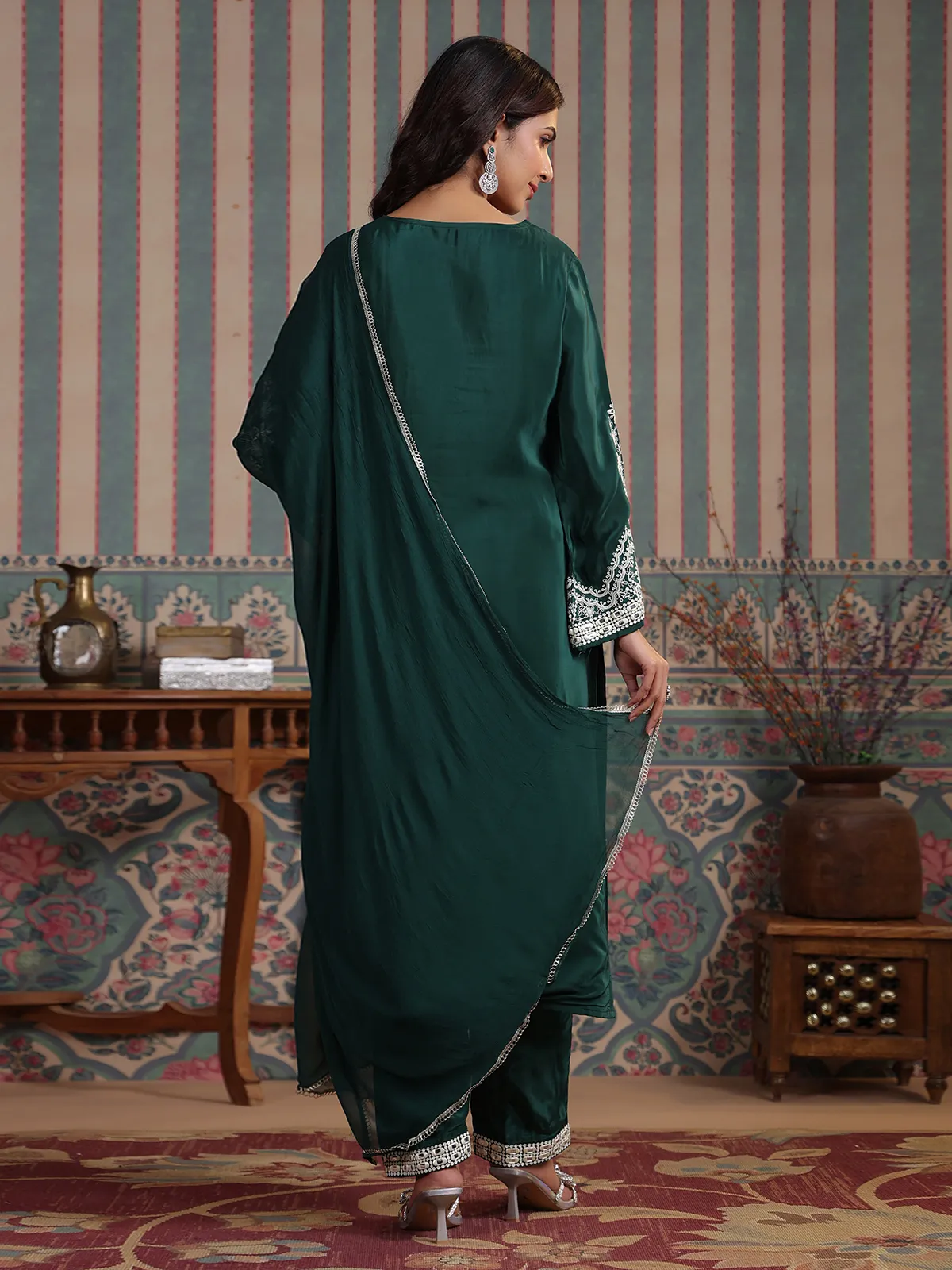 Latest dark green silk kurti set