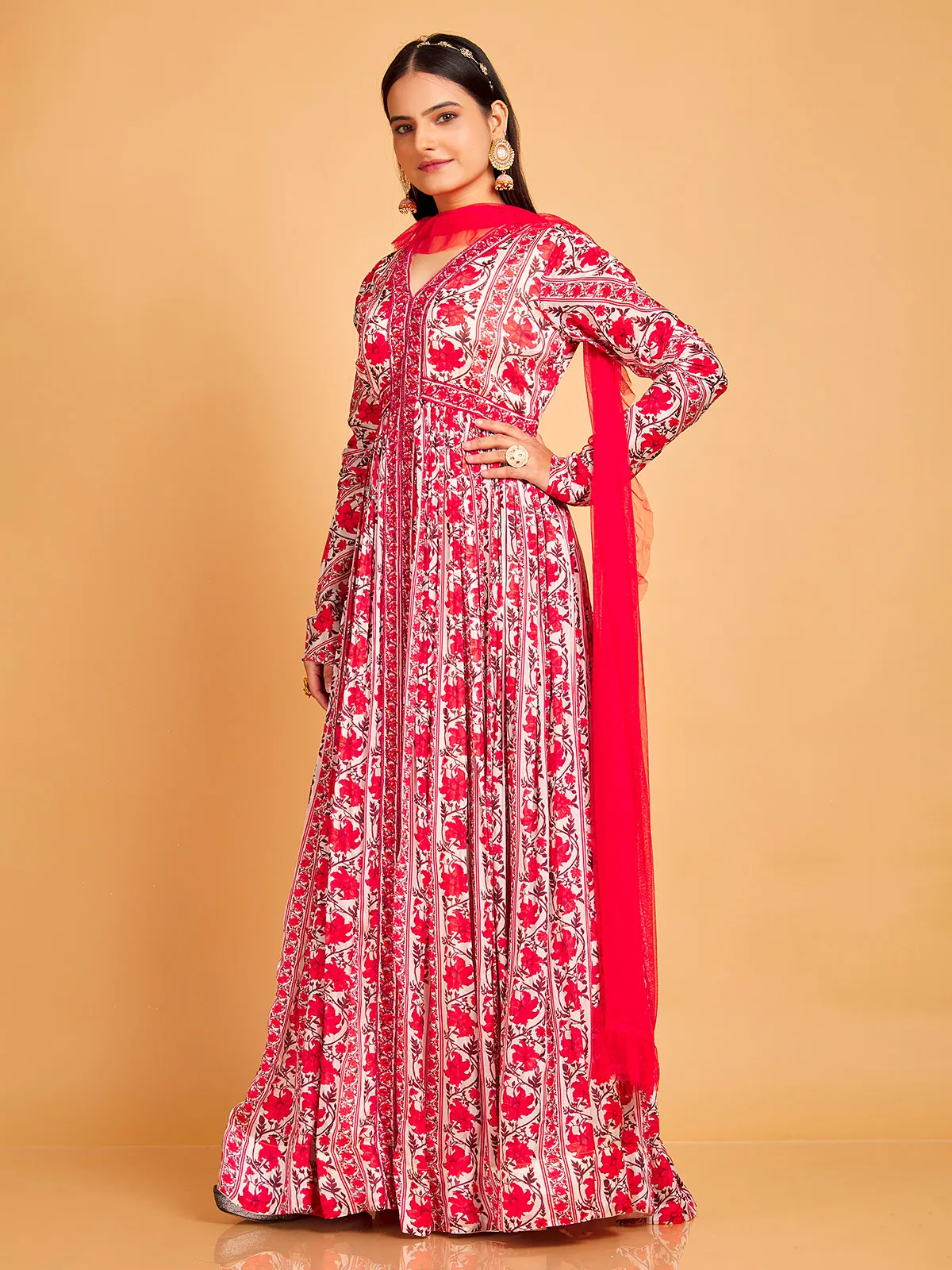 Latest dark pink silk printed anarkali suit