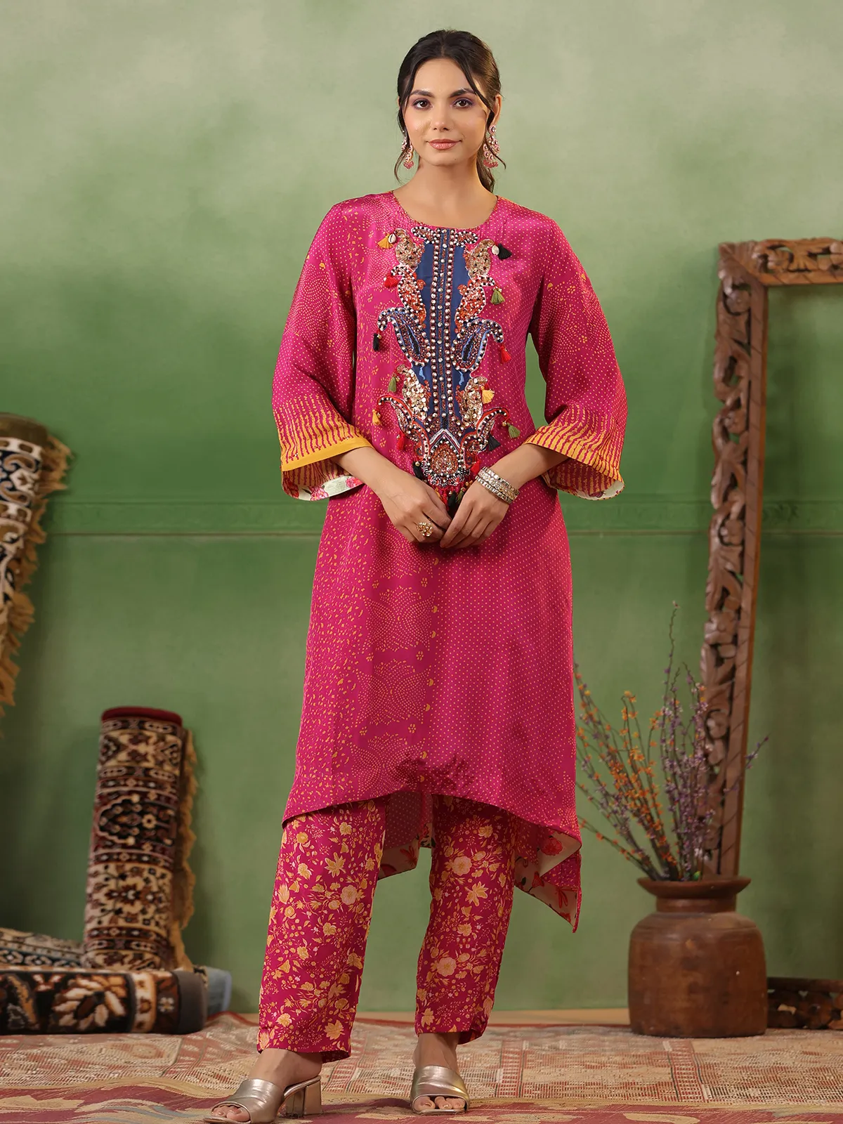 Latest dark pink silk printed kurti with pant