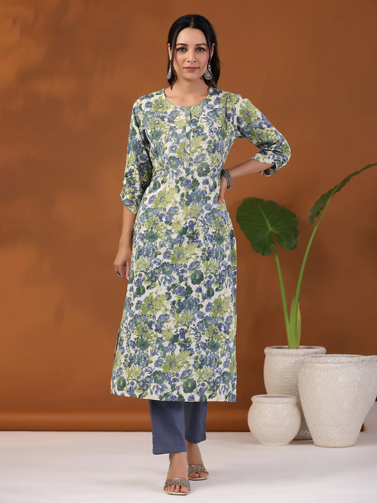 Latest green floral print kurti with pant