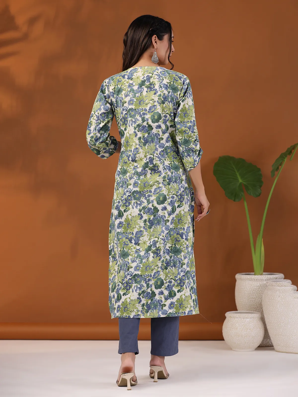 Latest green floral print kurti with pant