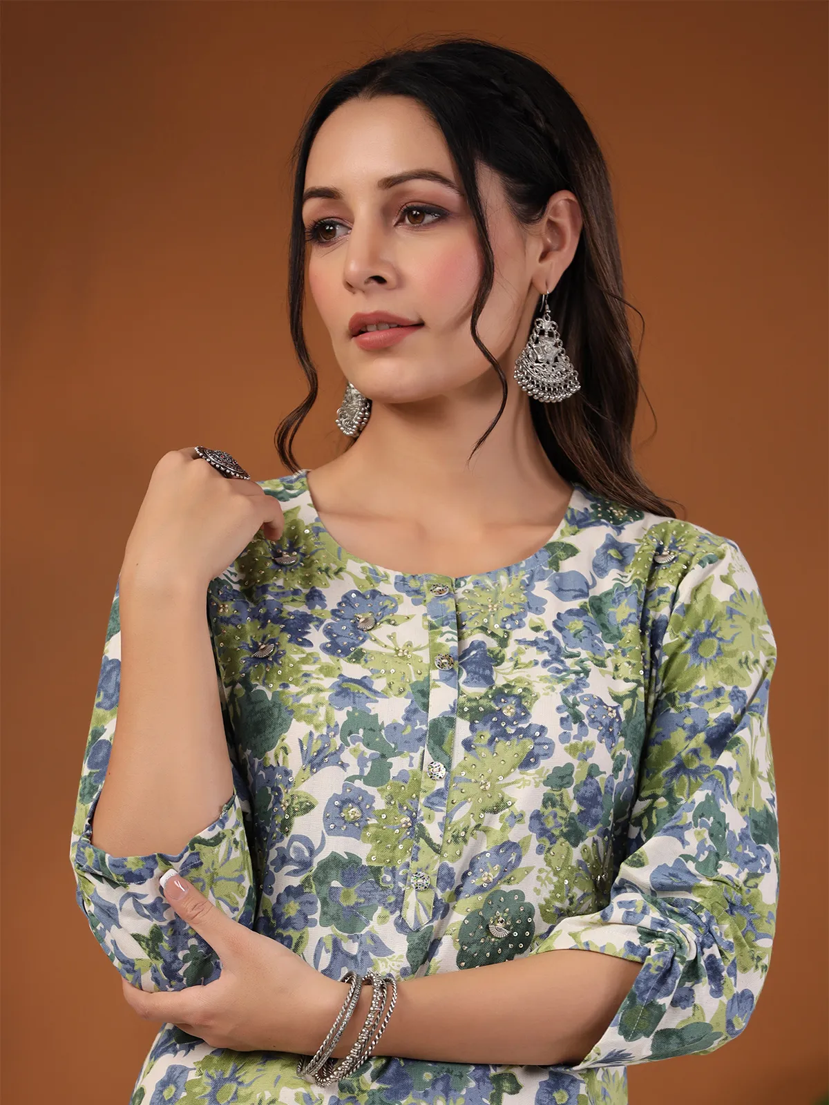 Latest green floral print kurti with pant