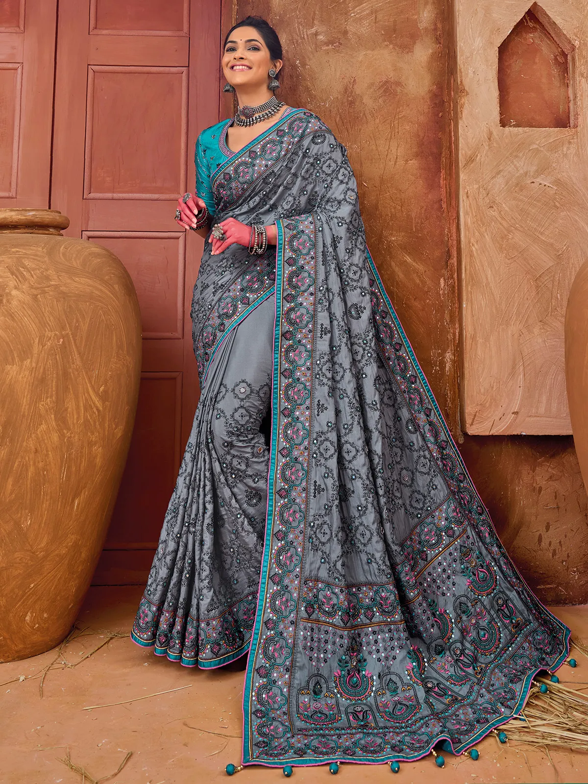 Latest grey banarasi silk saree