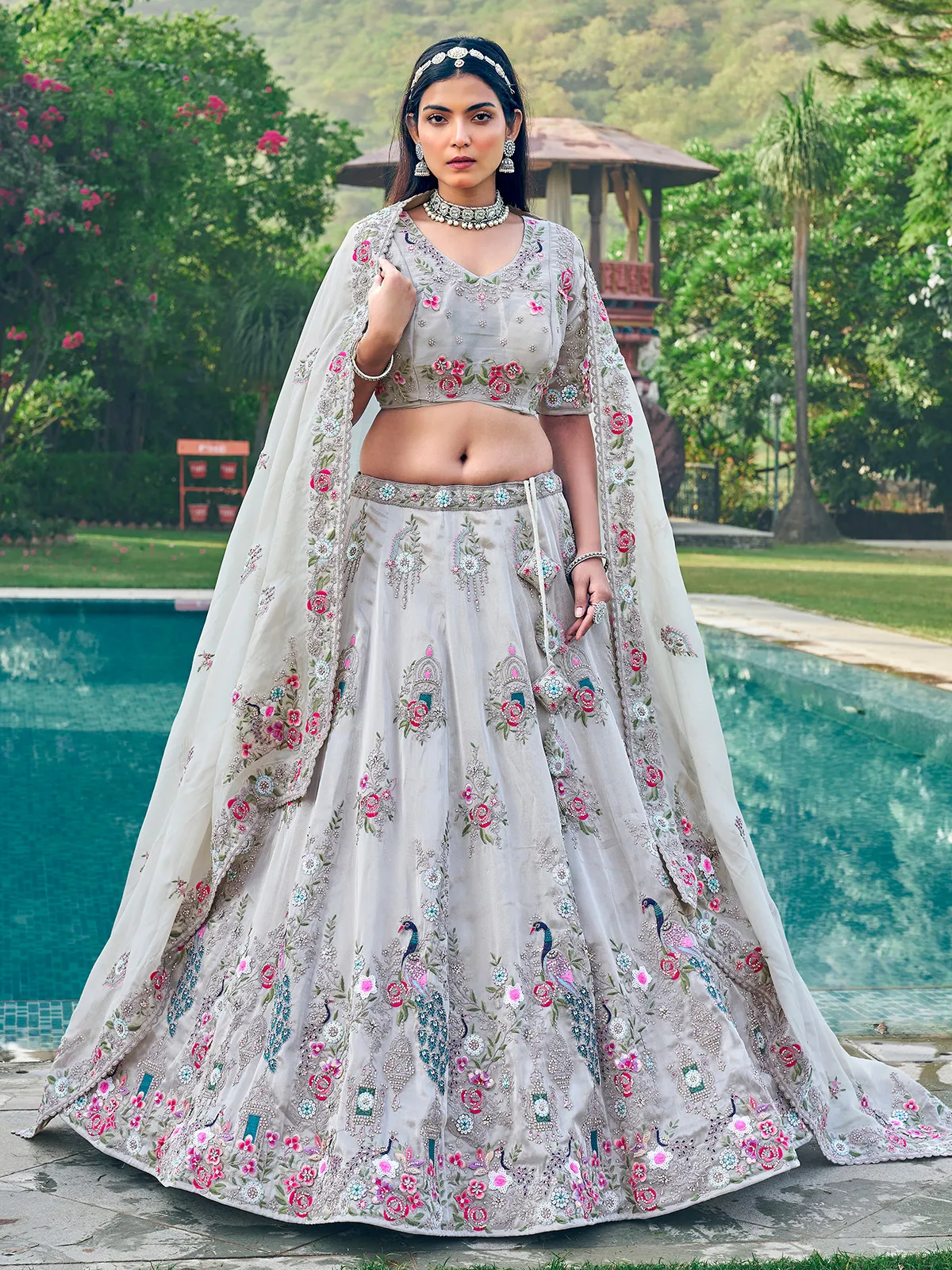 Latest grey organza unstitched lehenga choli