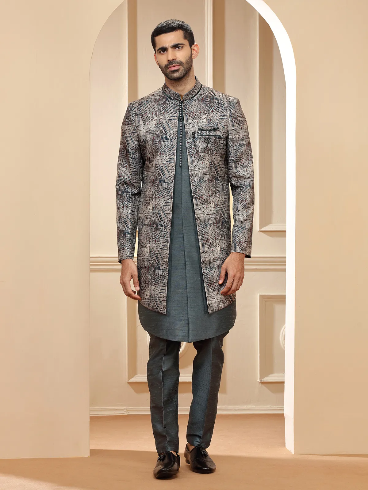 Latest grey raw silk printed indowestern