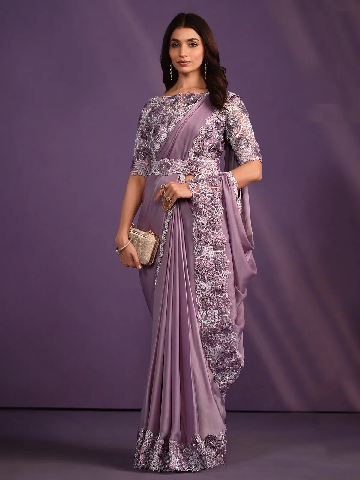 Latest lavender pre-stitched saree